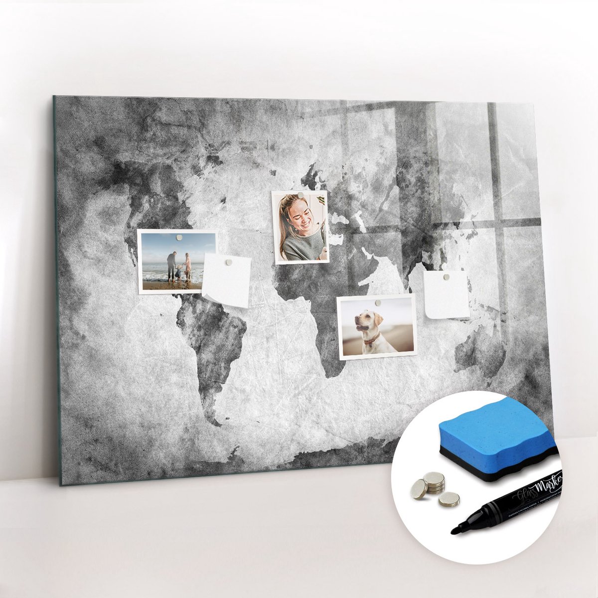Tulup Whitebord - Geografische wereldkaart - 100 x 70 cm - Zwart-wit Magnetic Board - Inclusief Gratis Magneten & Marker & Spons - Decoratief Magnetisch Bord - Magnetisch Memobord - Inspiratiebord Kantoor