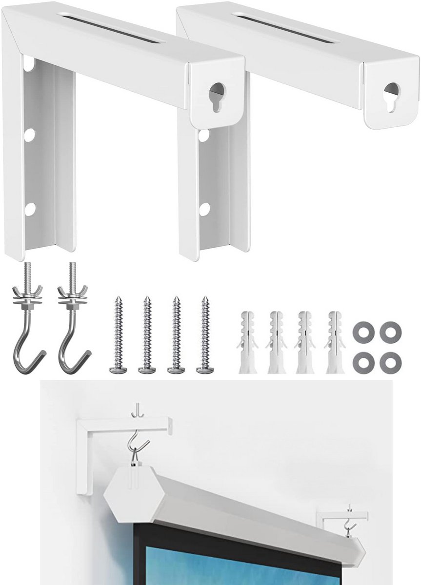 Wandbeugel voor projectiescherm - L-vormige beugel voor projectiescherm - Wand- of plafondbevestiging - Verstelbare verlenging met haak - Draagvermogen tot 20 kg - Multifunctionele, verstelbare ophangbeugel