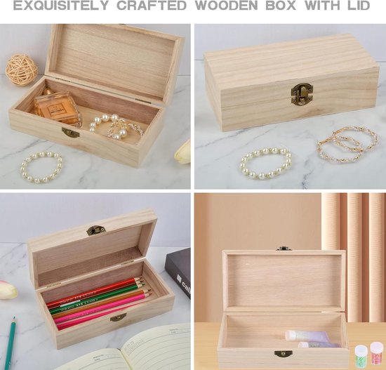 2 stuks houten kist met deksel, 20 x 10 x 6 cm, herinneringsdoos, houten doos met metalen klapsluiting, houten opbergdoos, herinneringsdoos voor knutselen, geschenkdoos, speelgoed, gereedschap — afbeelding 5