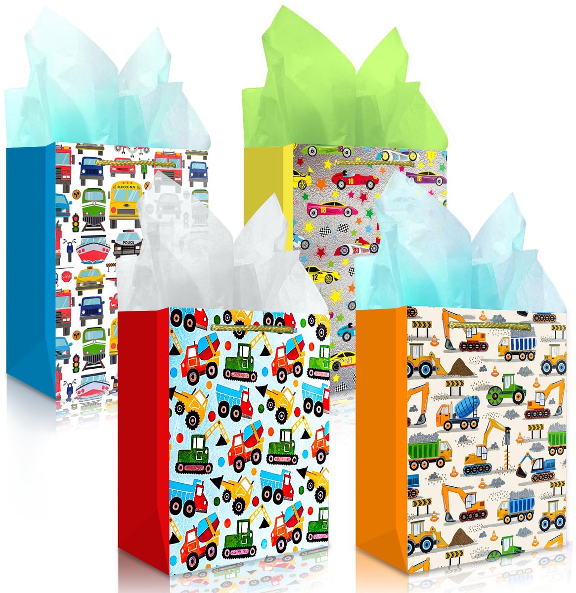 Cadeautas voor kinderen jongen racewagen bulldozer mixer ducker voertuigen patroon tractor kiepwagen straat onder bouw bouwplaats graafmachine papieren zakken blauw geel
