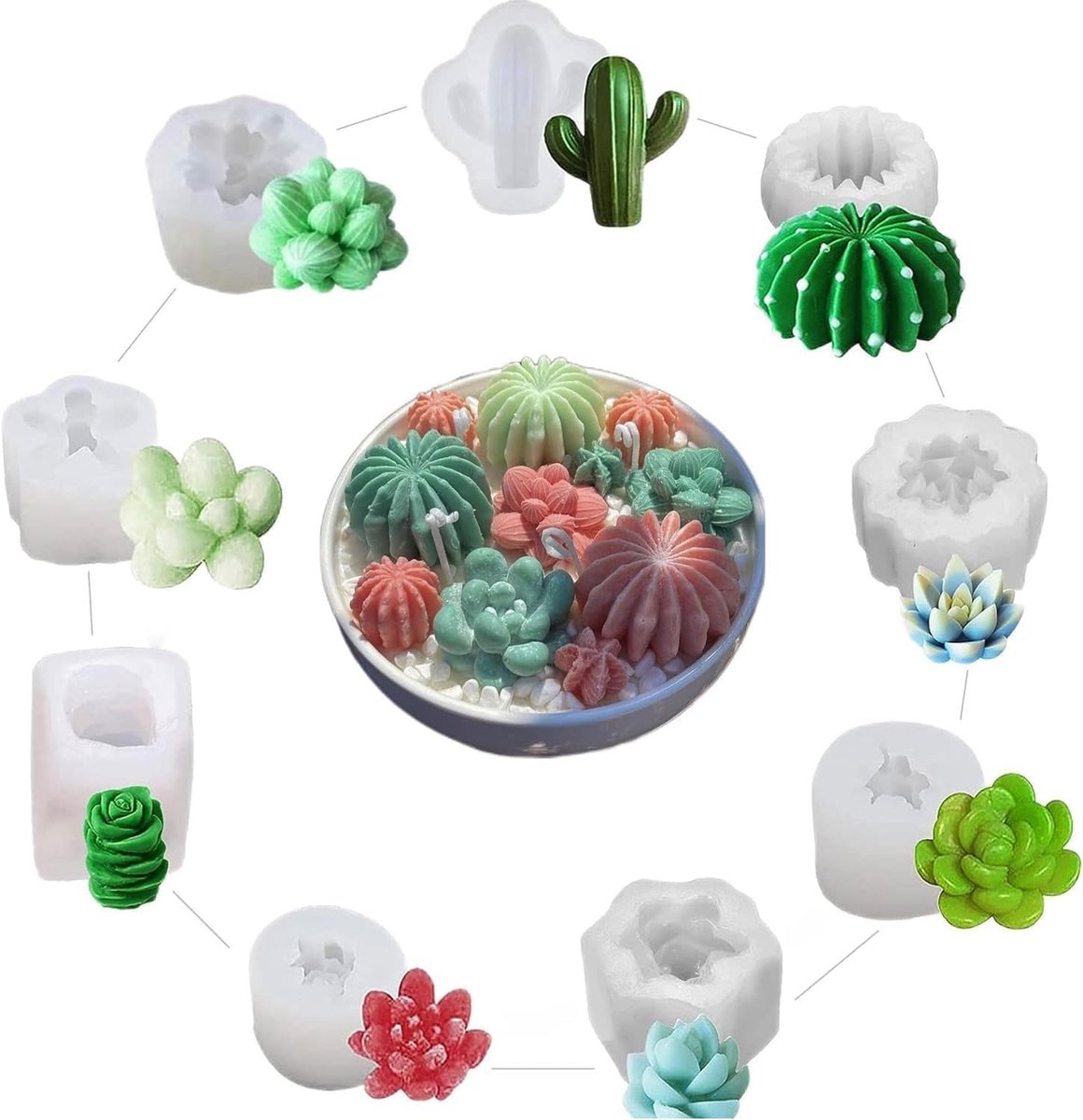 9 stuks vetplanten-cactusvorm, siliconen vorm voor vetplanten en cactus, kaarsen, zeep, was, hars, gieten, kunst, handwerk