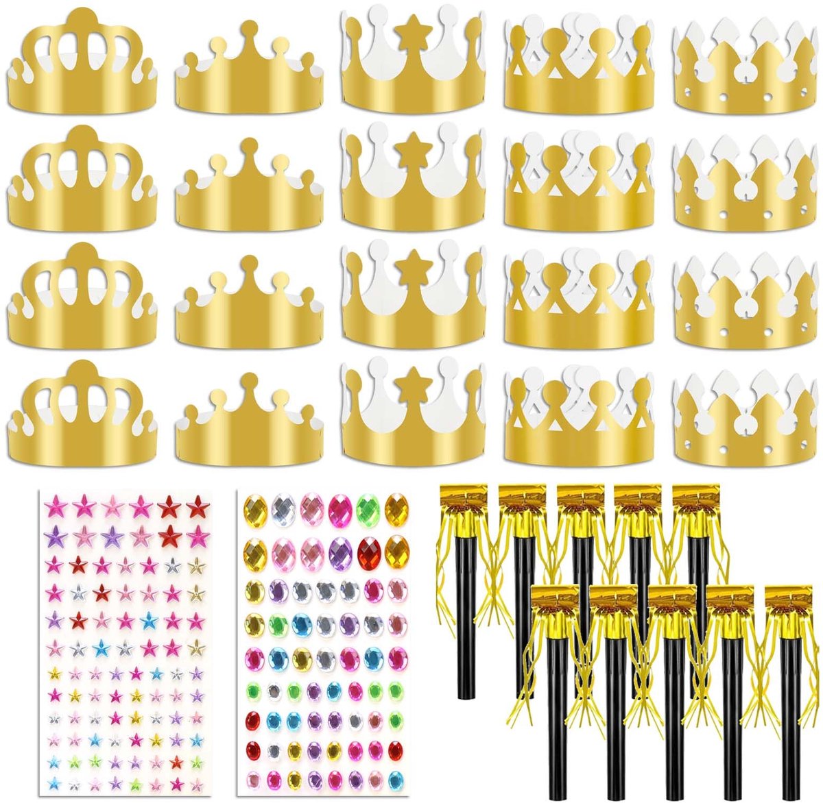 Feesthoedjes gouden papieren kronen, Gouden Papieren Kranen voor Feesten - Prachtige Feestaccessoires met Diamantstickers en Kleurrijke Cijferletters met Glitter - Verjaardagshoeden