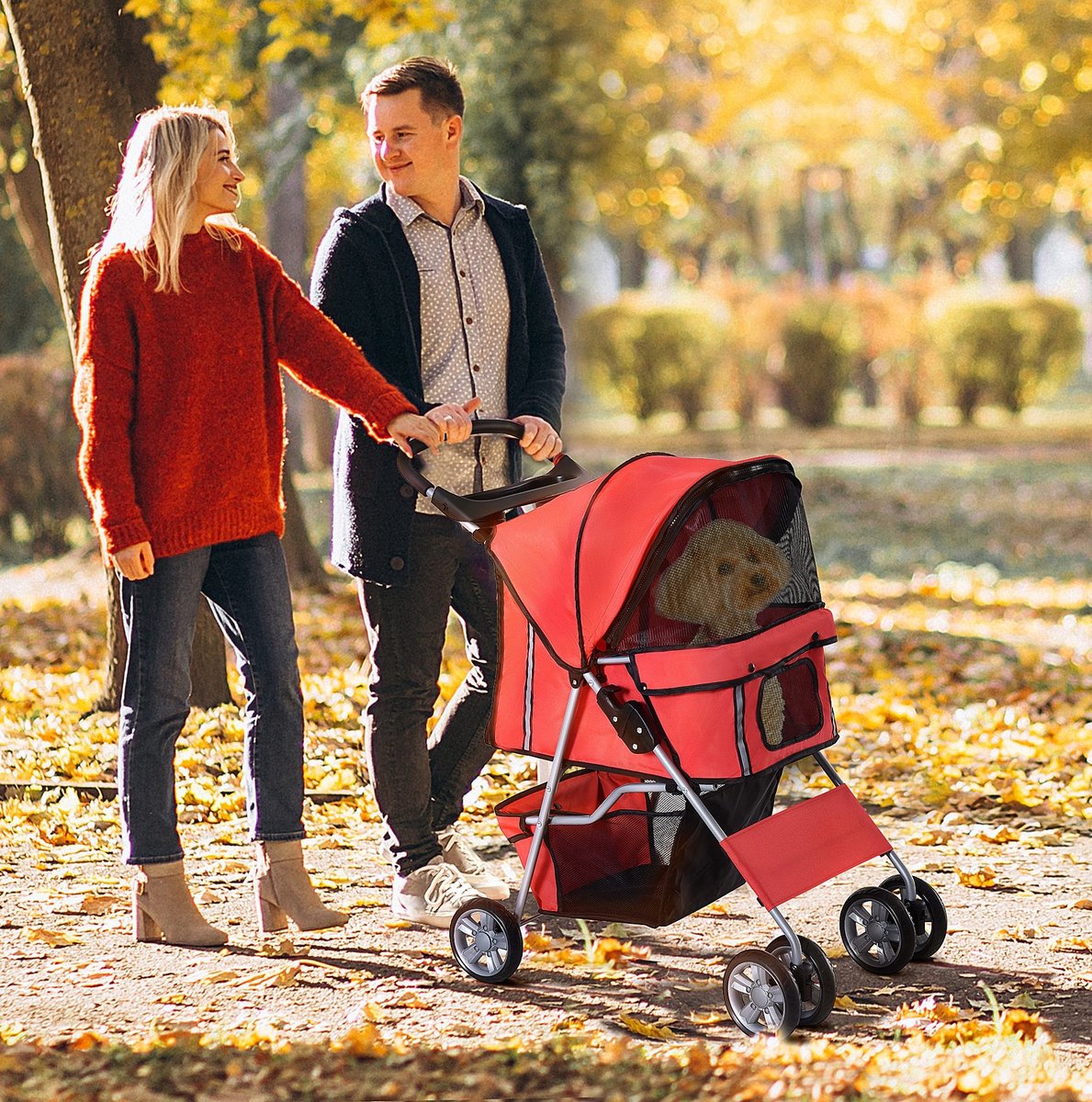 MEUNIQ Hondenbuggy opvouwbaar 75 x 45 x 97 cm voor kleine honden tot 10 kg, met netvenster, rem, opbergmand en 2 bekerhouders, rood