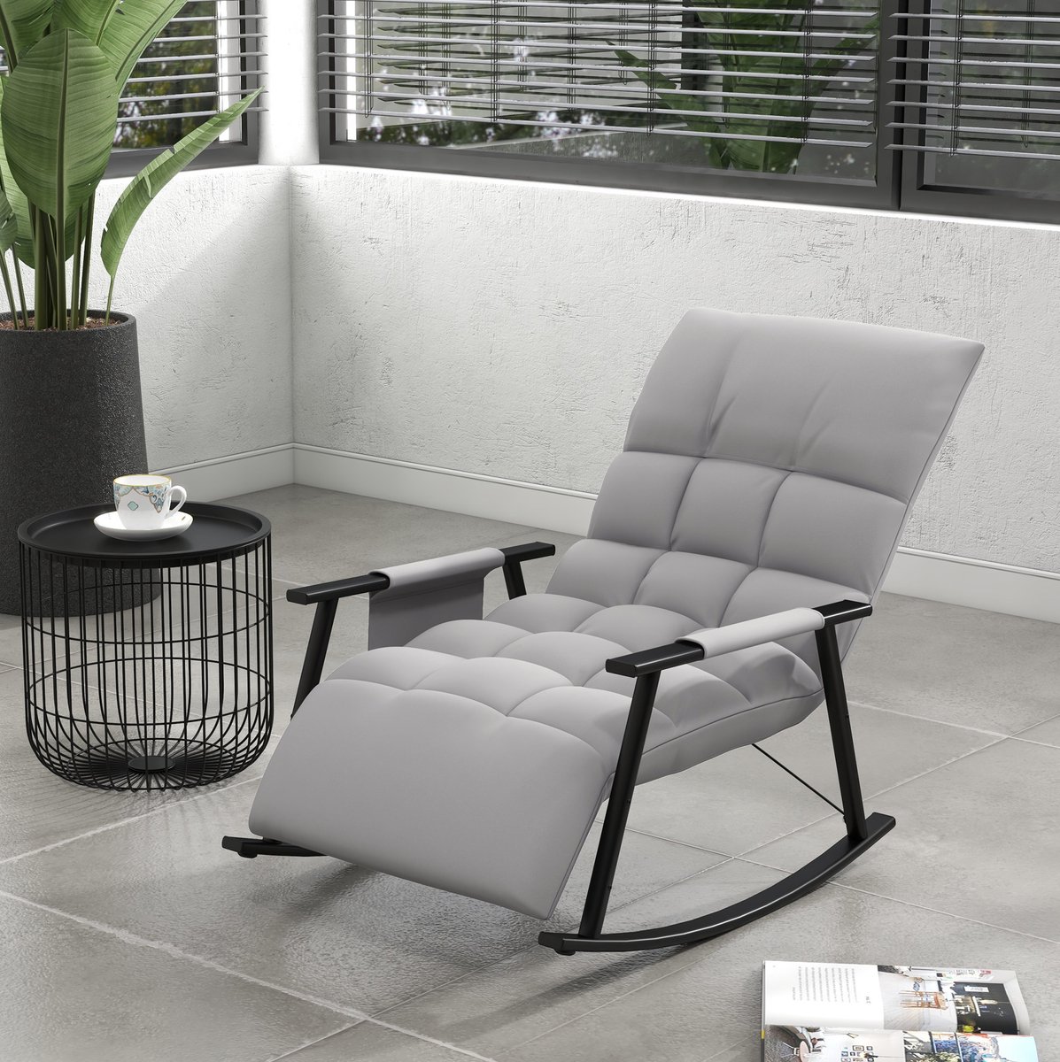 MEUNIQ Schommelstoel relaxfauteuil met verstelbare rugleuning en voetensteun, microvezel stof, zijtas met 2 vakken, metalen frame, 134 x 60 x 70 cm, grijs