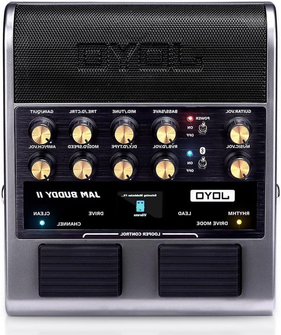 Grijze JOYO Jam Buddy II gitaarversterker met goudkleurige draaiknoppen, voetschakelaars en centraal led-scherm.