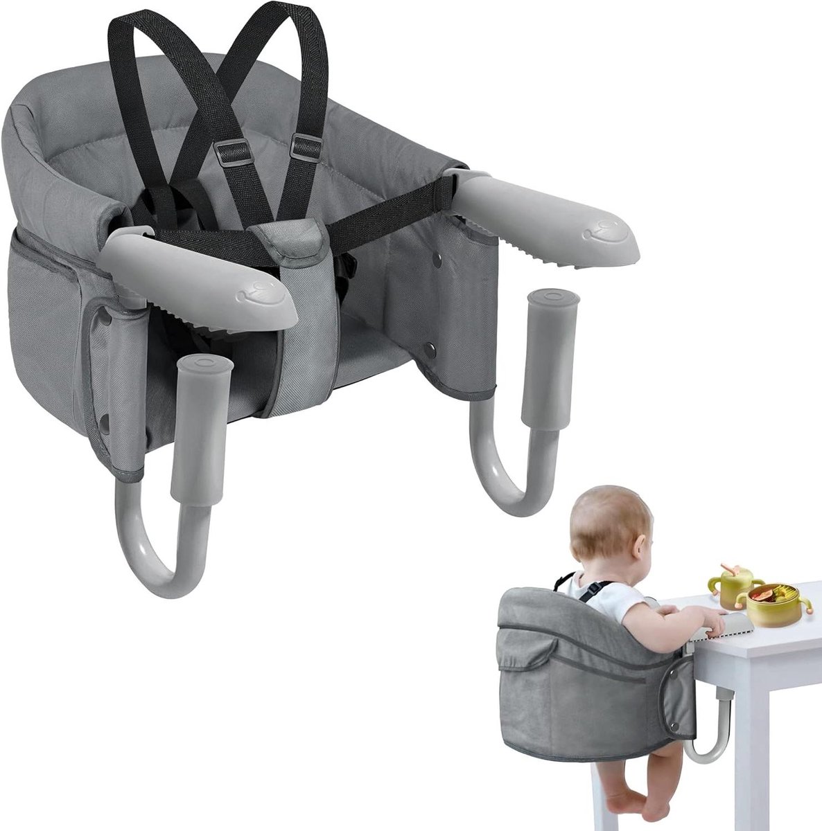 Tafelstoel Opvouwbaar - Babyzitje Stoelverhoger - Samen Eten - Anti-Slip Clips - 23 x 33 x 30 cm - Grijs