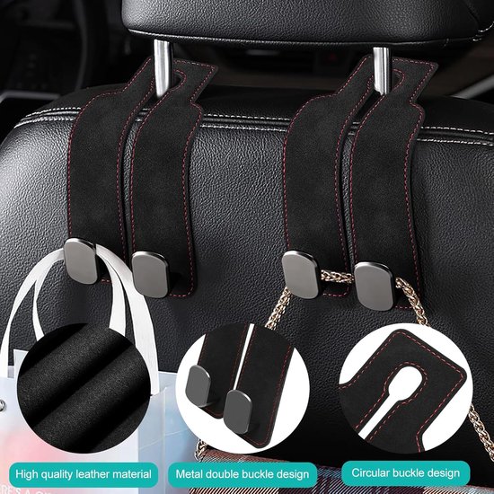 Autohaken Set - Stoelhaken Organizer - Auto Organiseren - Dubbele Leer Haken - 2 stuks - Zwart — afbeelding 3