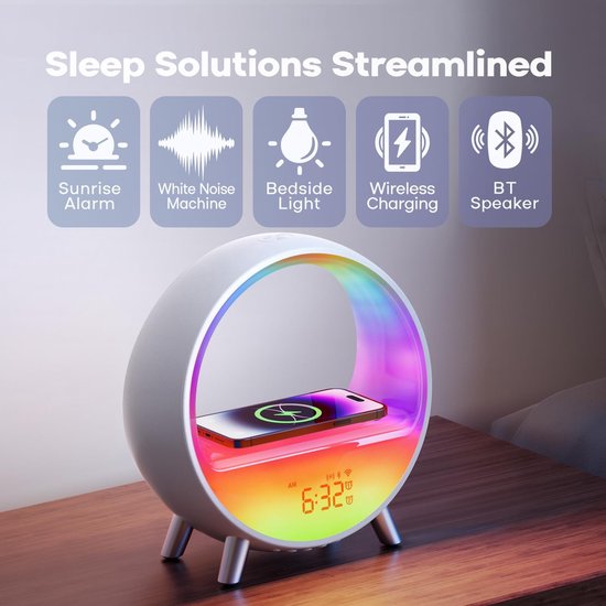 Lichtwekker met Zonsopgangsimulatie, Bluetooth Speaker en Draadloze Oplader — afbeelding 2