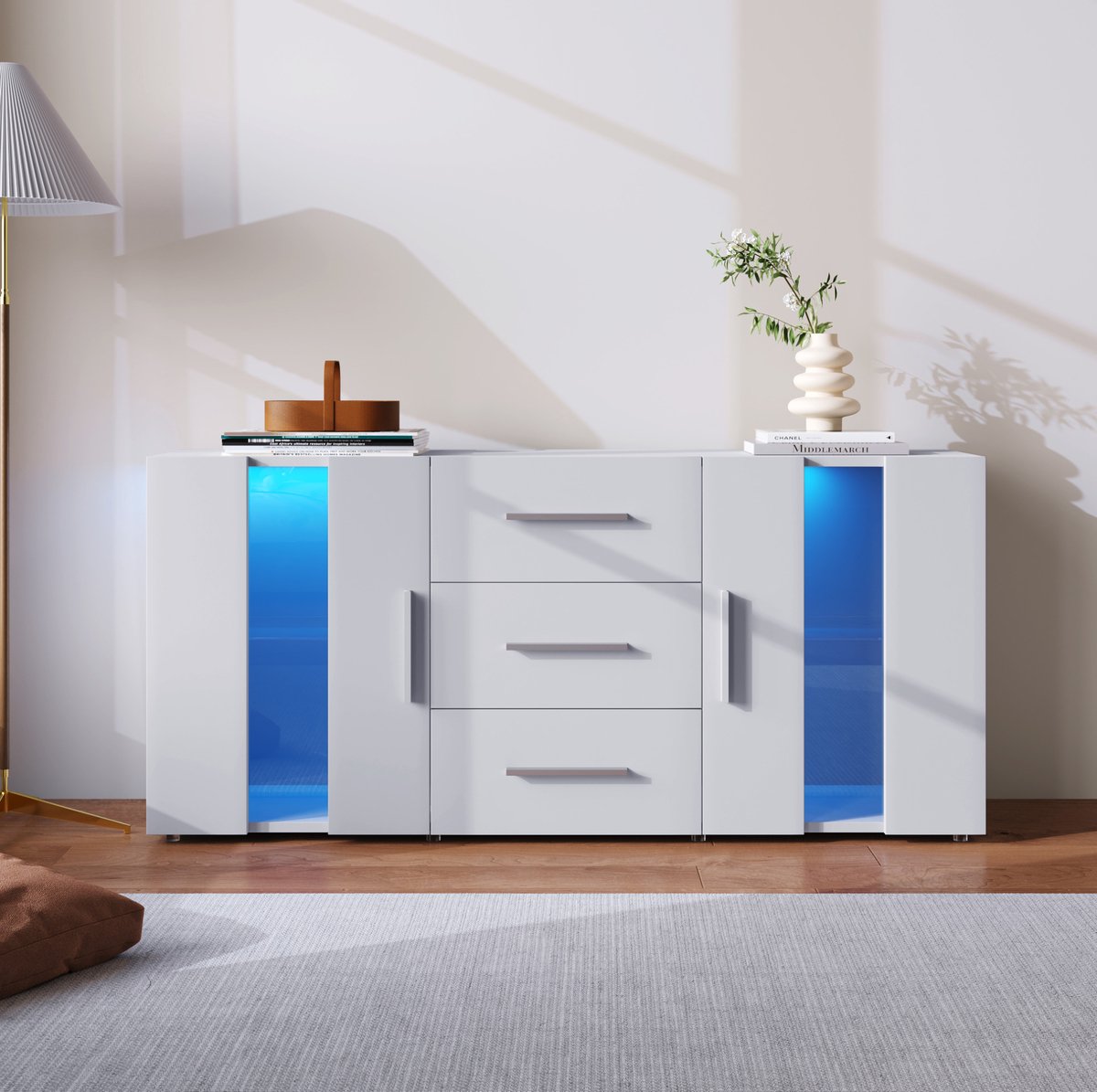 HAUSS SPOLE Dressoir - Met Ledverlichting En 3 Laden - Met 2 Deuren Voor Woonkamer En Eetkamer - Wit - 140x35x70 Cm