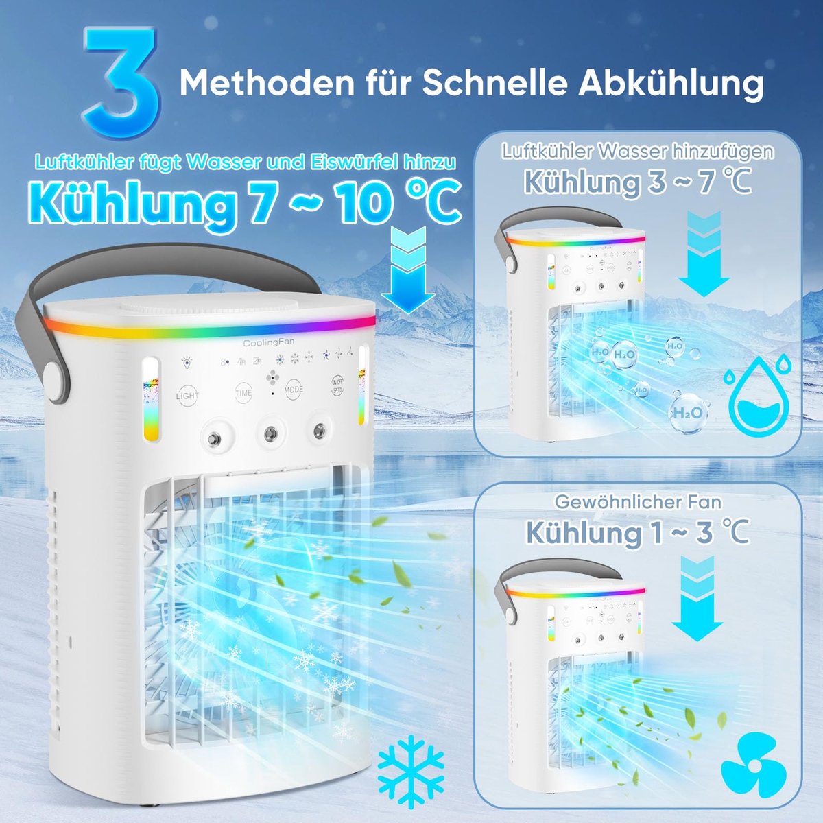 Mobiele airconditioning - mini-airconditioner voor de kamer - 4-in-1 luchtkoeler met waterkoeling - 1000 ml airconditioner zonder afvoerslang - draagbare airconditioner met 3 standen en kleurrijk licht voor de kamer – foto 2