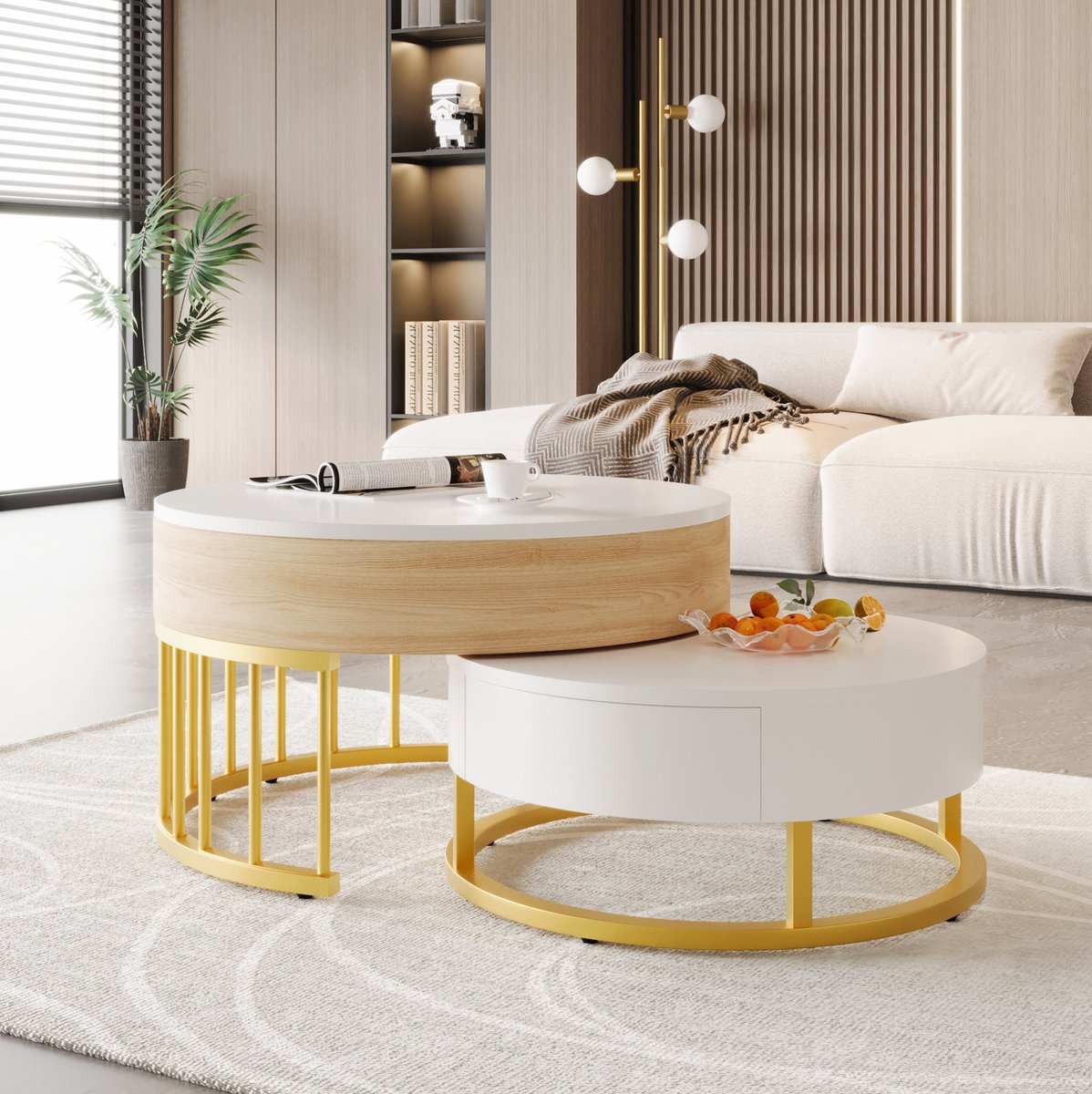 HAUSS SPOLE Salontafel - Ronde 2-Delige Tafelcombinatie Met Verstelbaar Blad En Lade - Voor Woonkamer - MDF En Metaal - Wit Goud - 70 x 70 x 56 cm