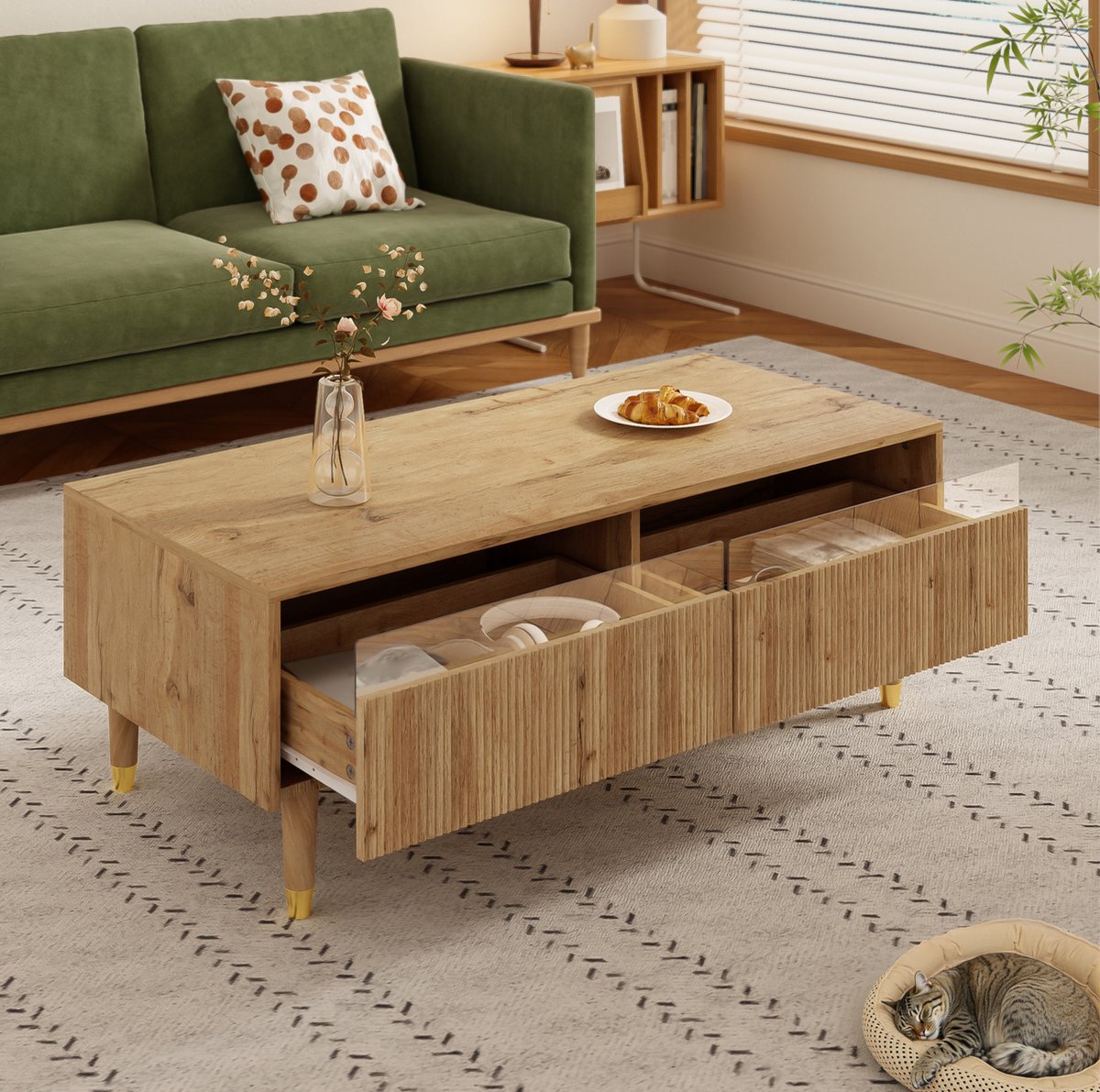 HAUSS SPOLE Salontafel - Met Meerkleurige Ledverlichting En 2 Lades - Voor Woonkamer - MDF - 110x50x40 Cm - Houtkleur