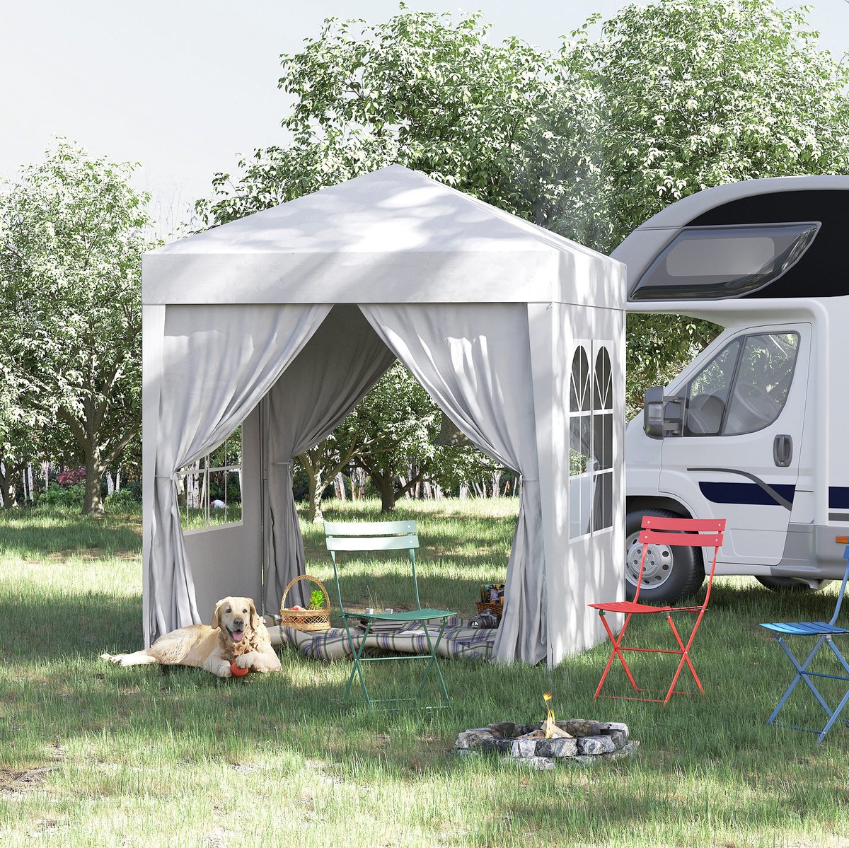 MEUNIQ partytent paviljoen 2x2 m met 4 afneembare zijwanden, 2 raamwanden, 2 ritsdeuren, stalen frame, draagtas, scheerlijnen en haringen, wit