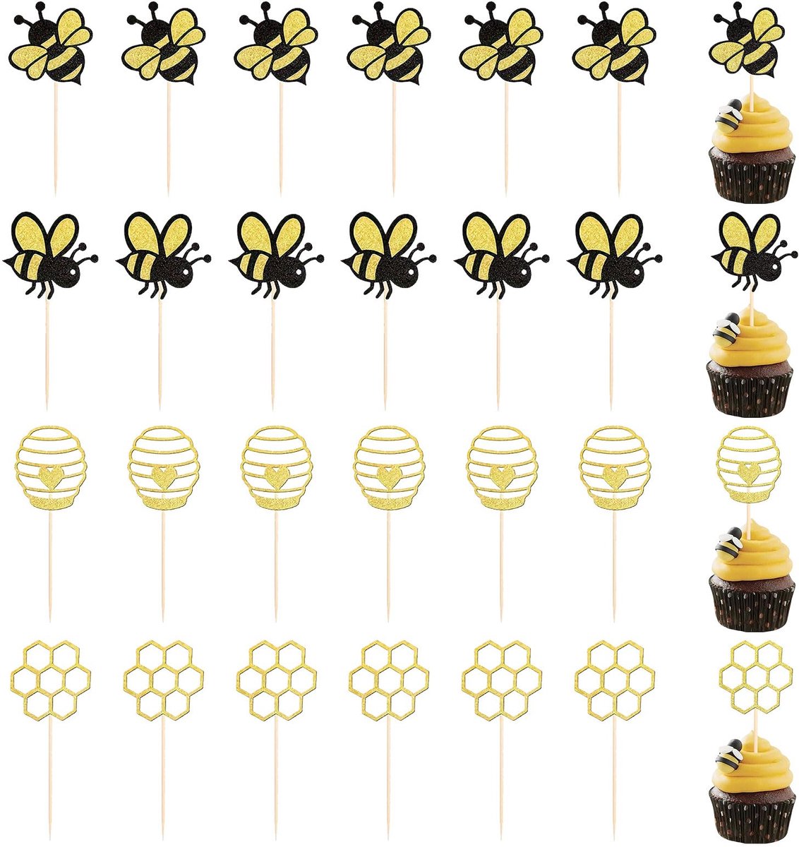 24 Stuks Creatieve Taartinzetstukken Met Glinsterende Bijenkorven, Bijen, Cupcake Decoratie, Bijen Decoratie