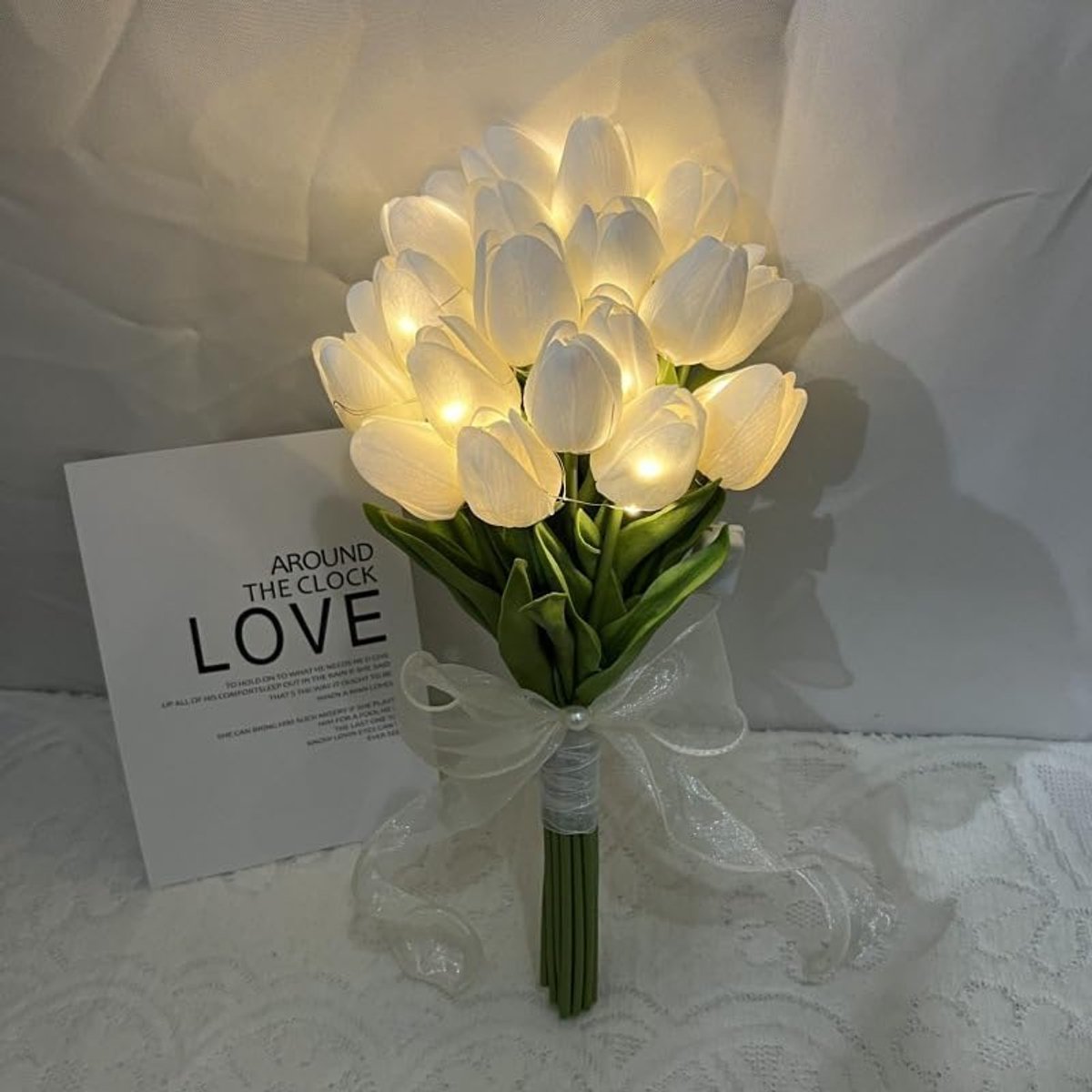 Kunstbloemen met ledverlichting, Real Touch tulp boeket, op batterijen, Kerstmis, vakantie, bruiloft, fotografie, woondecoratie, creatieve geschenken (wit, 15 stuks)