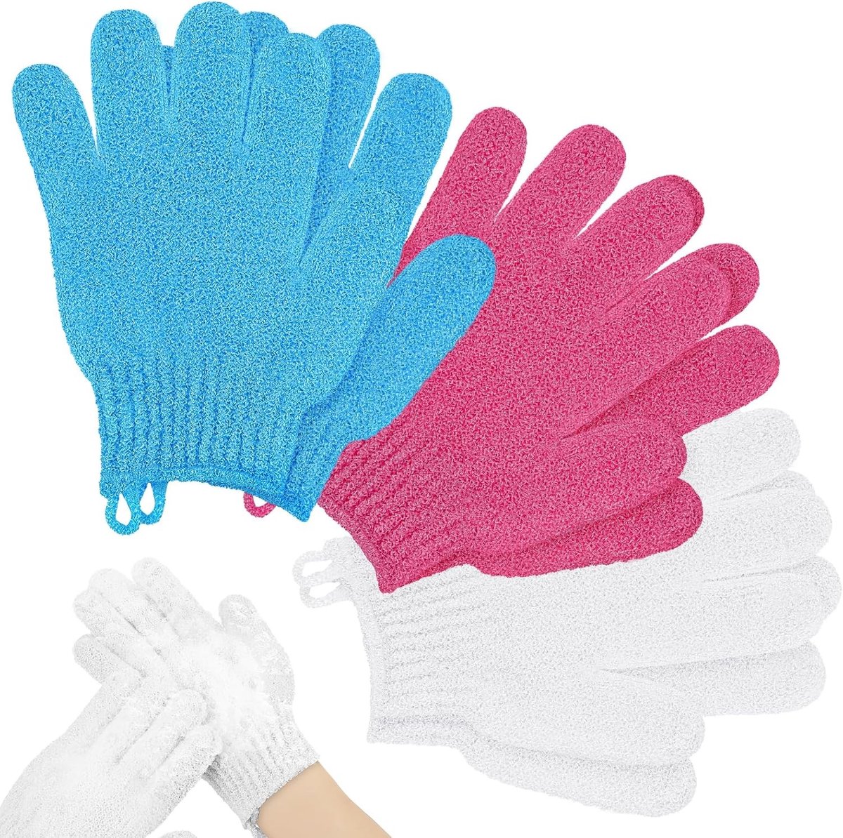 Set van 6 Exfoliërende Handschoenen voor Bad en Lichaam, Ideaal voor Dode Huid Verwijderen, Massage en Spa Behandelingen, Geschikt voor Mannen en Vrouwen (Blauw + Wit + Roze Rood)