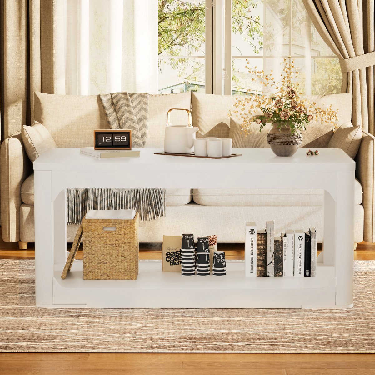 HAUSS SPOLE Salontafel - Met Dubbele Opbergplank En Modern Design - Voor Woonkamer En Slaapkamer - MDF - 100x50x44,5 Cm - Wit