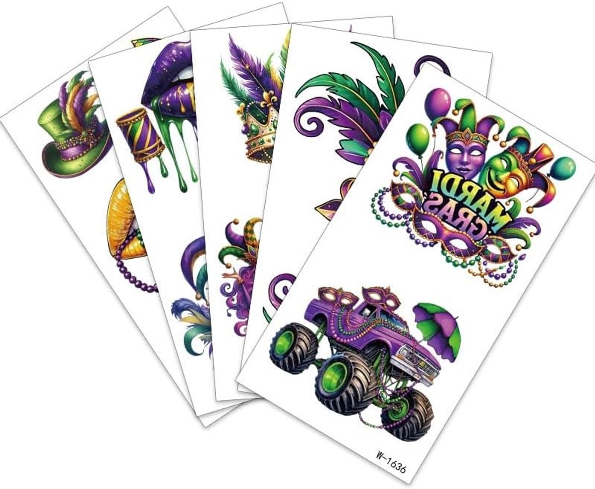 Carnavalskostuum voor dames en heren met 3 body- en gezichtstattoostickers in paarsgroen, ideaal voor feestelijke make-up en carnavalsparty's voor volwassenen en kinderen