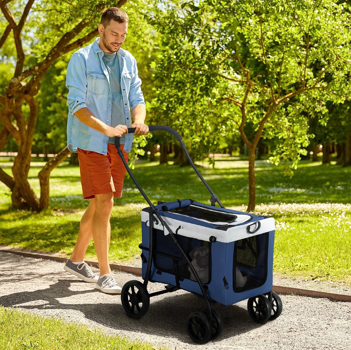 MEUNIQ 2-in-1 hondenbuggy met afneembare draagmand, opvouwbare dierenbuggy met 2 veiligheidslijnen, remmen en netvensters, voor kleine en miniatuurhonden, blauw