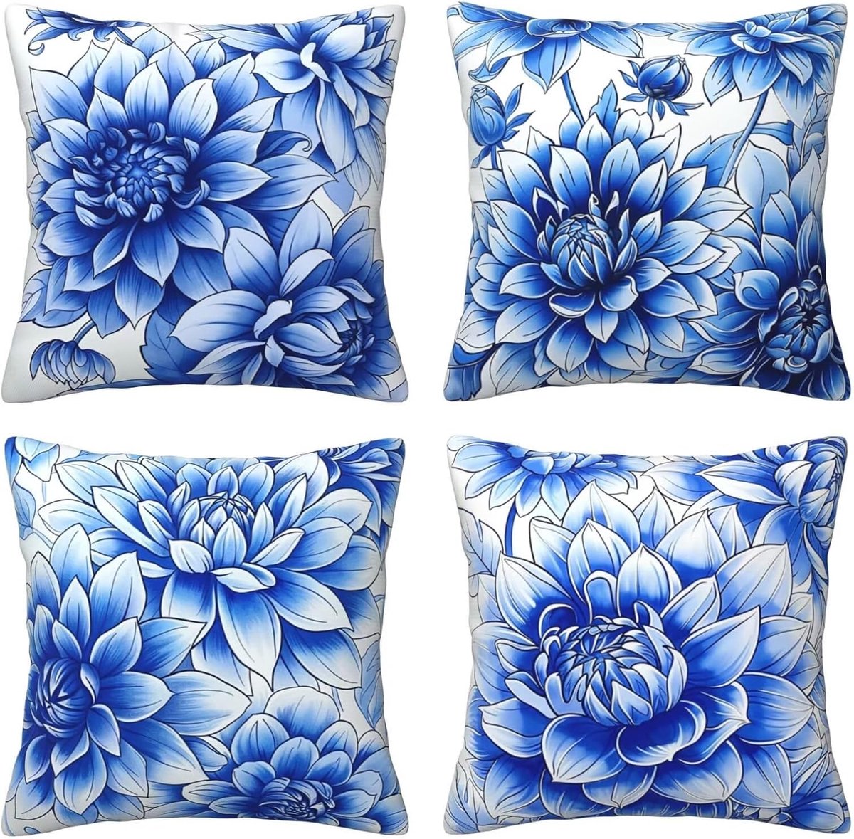 Kussenhoezen, 65 x 65 cm, blauwe bloemen, 4 stuks, vierkant, fluweel, zacht en ademend, decoratieve kussenhoes met verborgen ritssluiting, voor slaapkamer en woonkamer, bank, E8222