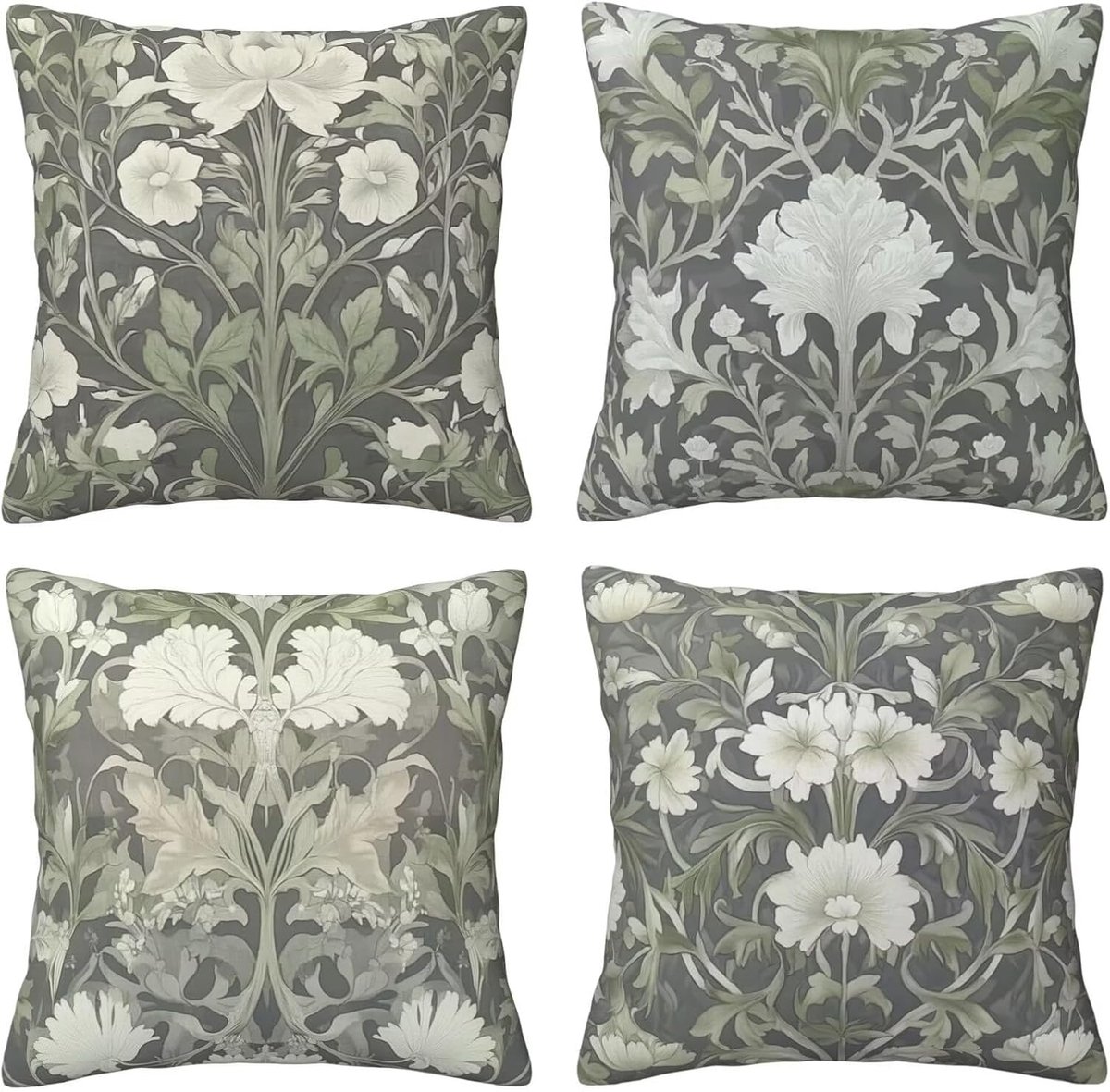 Kussenhoezen, witte bloemen en groene bladeren, 65 x 65 cm, behaaglijk, kussenhoes met onzichtbare ritssluiting, zacht, wollig, voor bankkussen, wasbaar, voor woonkamer