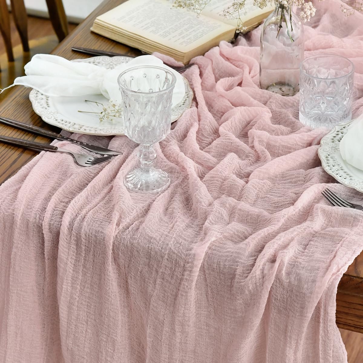 Mode Boho Blush Gaas Bruiloft Kaasdoek 400 cm Tafelloper, Seizoensgebonden Stof Keuken Eetvakantie Tafel Decor voor Home Party