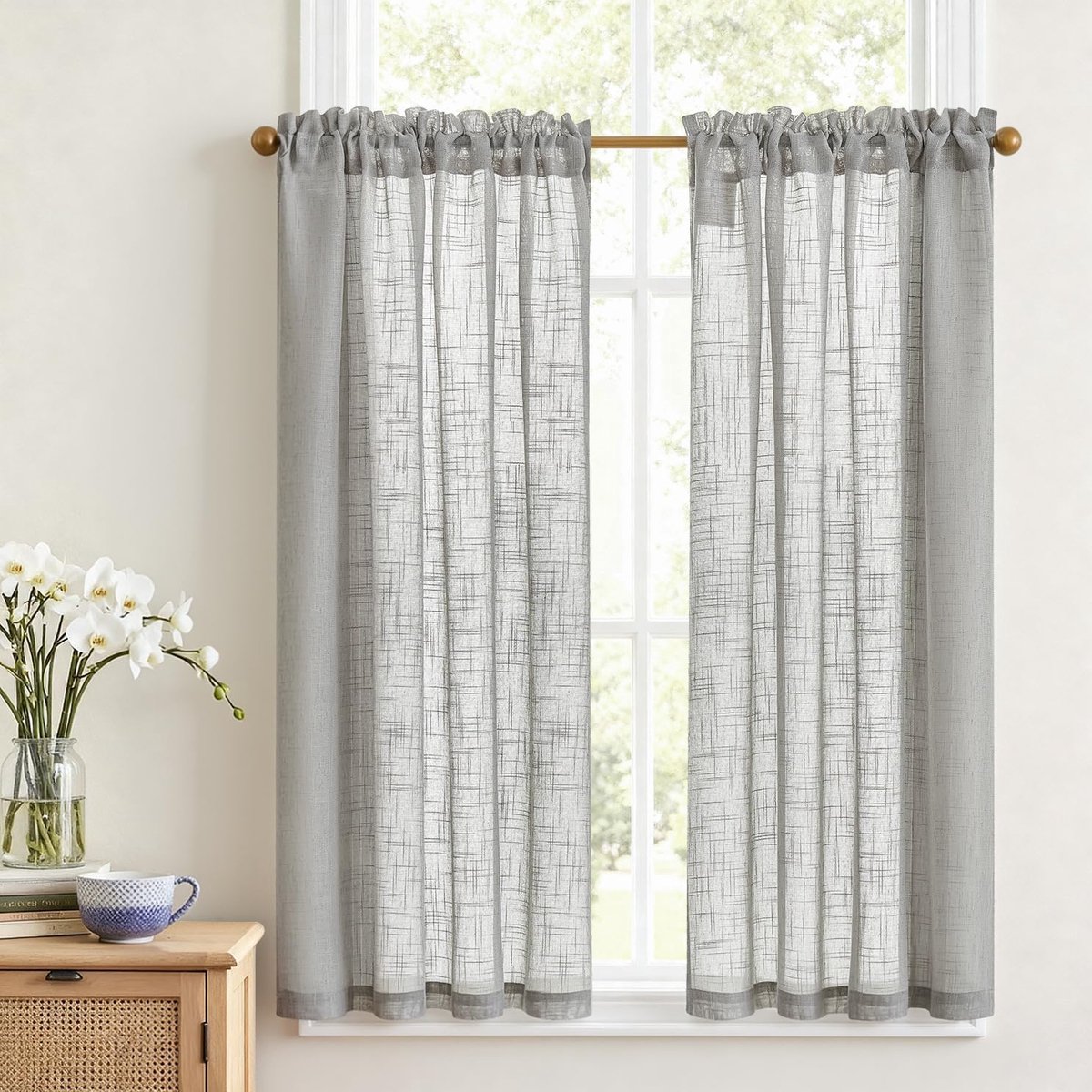 Voile Vitrage Vitrage, keuken, bistrogordijn, set van 2, 90 x 115 cm (b x h), landelijke stijl, grijs, kort, modern, raamgordijnen met stang