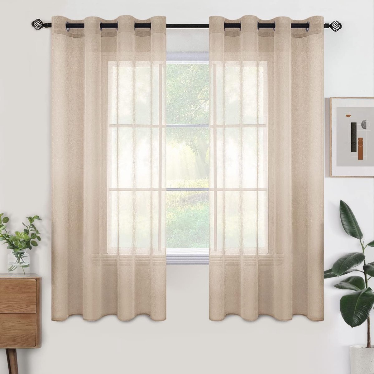 Set van 2 transparante gordijnen met ringen, semi-transparante binnengordijnen voor slaapkamer, woonkamer, huis, 140x145 cm, beige