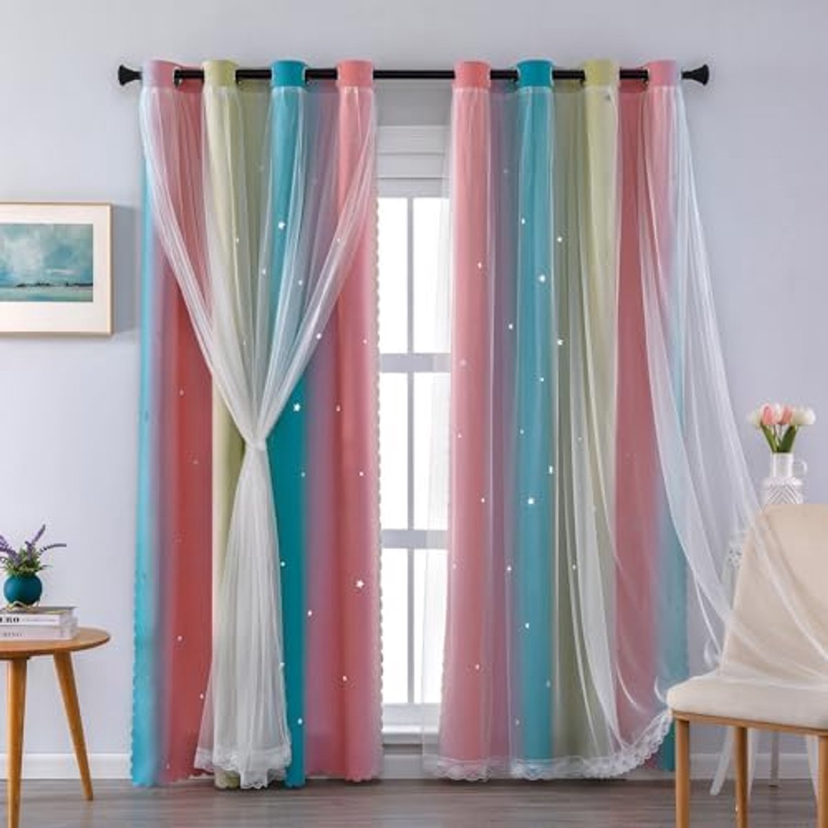 Gordijnen voor kinderen, hoogte 214 cm, met transparantie, voor ramen, hal, behandelingen, verduistering, kleurrijke sterren, uitgesneden, gele gordijnen, geluidsreductie, decoratie