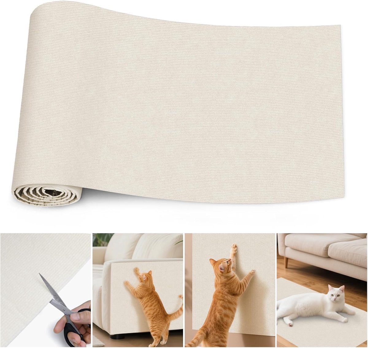 krabmat voor katten, kattentapijt, zelfklevend, krasbescherming voor bank, kat, doe-het-zelf, tapijtbescherming voor kattenkrabmeubels, krabtapijt, bankbescherming, crèmewit, 200 cm