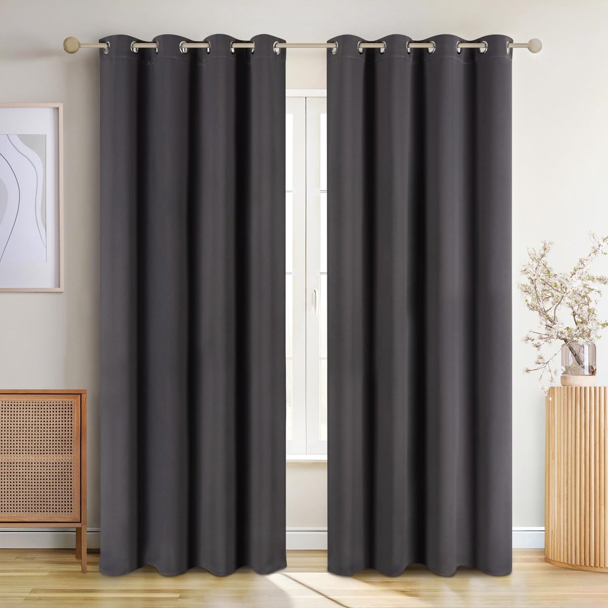 Set van 2 gordijnen, verduisteringsgordijn, ondoorzichtig, elegant gordijn met oogjes voor de slaapkamer, 160 x 132 cm, antraciet…