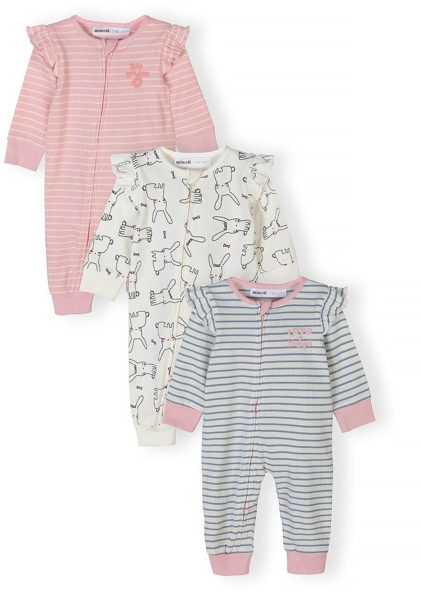Minoti baby pyjama meisjes 3-pack geribd - onesie met konijnenprint