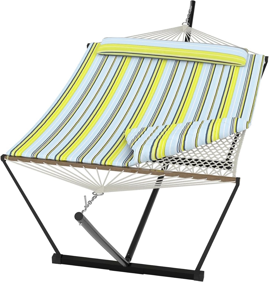 Hangmat met Spreidstok voor 2 Persoons - Stalen Standaard - Schommelbed Buiten en Binnen - Kussen - Verstelbaar - 200kg Draagvermogen - Voor Tuin Terras Strand - Blauw-groene Strepen