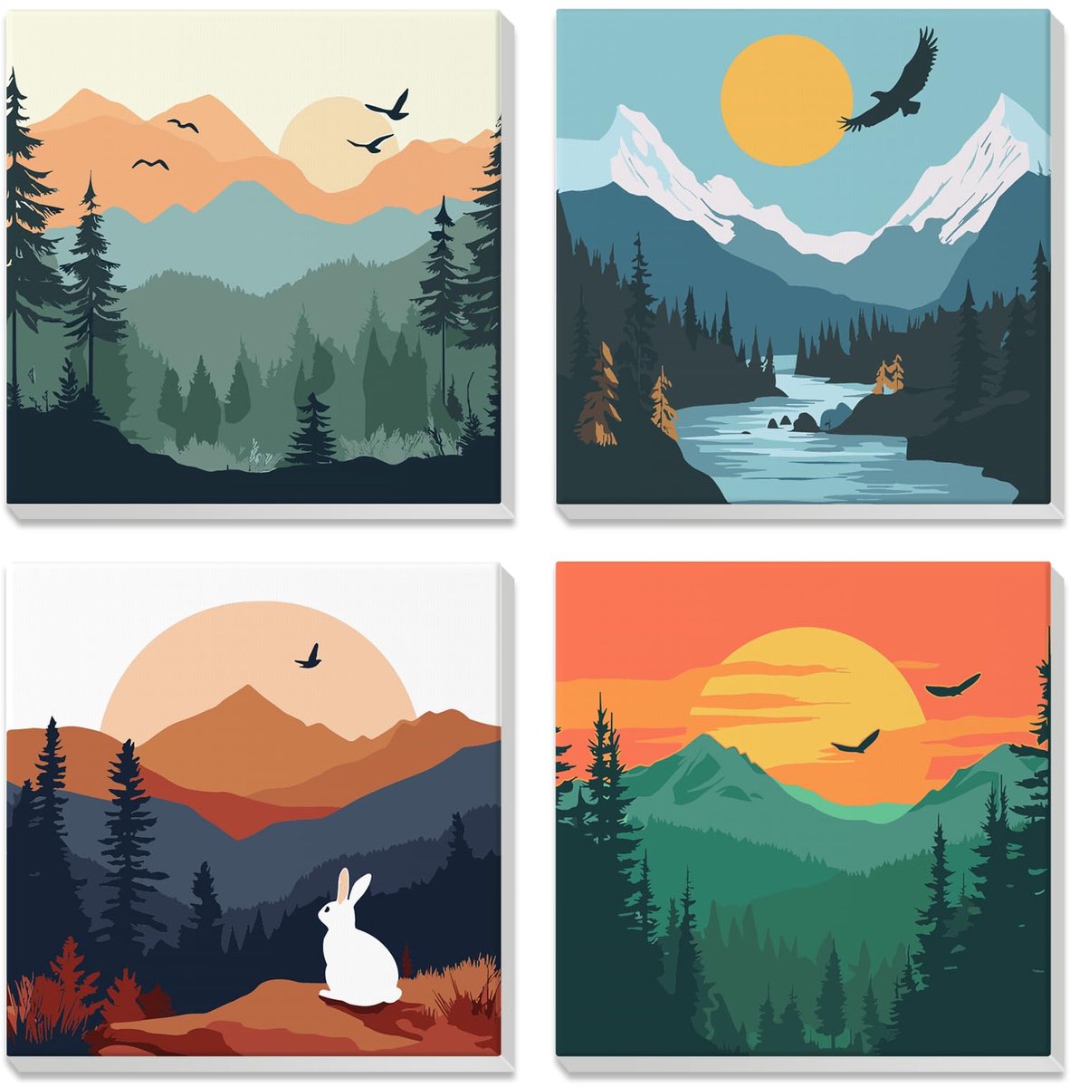 4-pack natuurlandschap, zonsondergang verf op nummer voor volwassenen beginner ingelijst, berglandschap, schilderen op nummer kit op canvas, acryl pigment olieverfschilderij kunst en ambachten voor