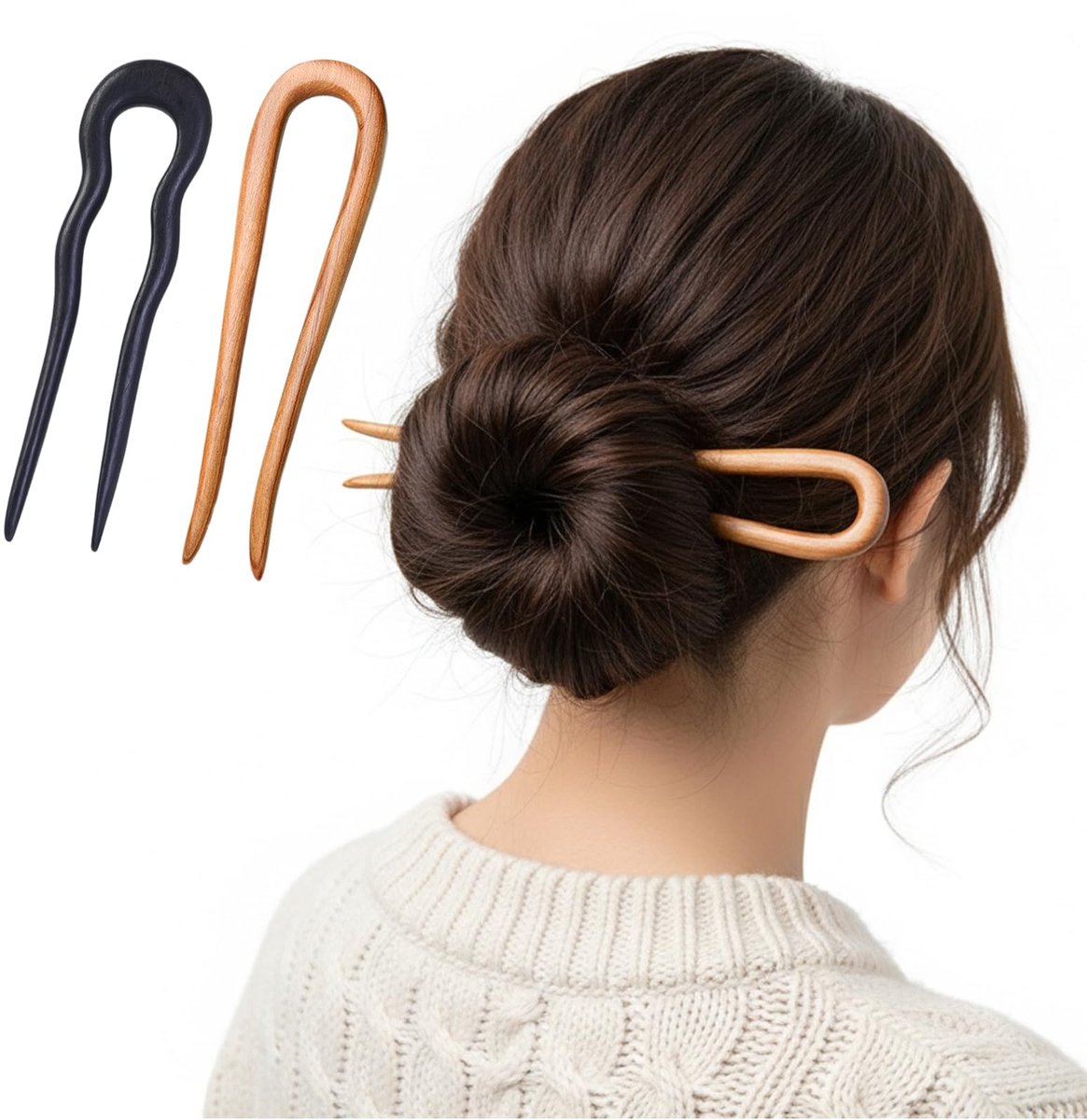 2 stuks U-vormige haarspelden, haarspelden in Franse stijl van hout, haarspelden voor knot en bun, haaraccessoires voor dames, eenvoudige elegante haarspeld voor styling
