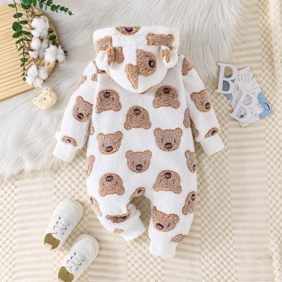 Fleece baby snowsuit met berenprint - warme winterbody met capuchon voor meisjes en jongens, 0-18 maanden van Merkloos — afbeelding 3