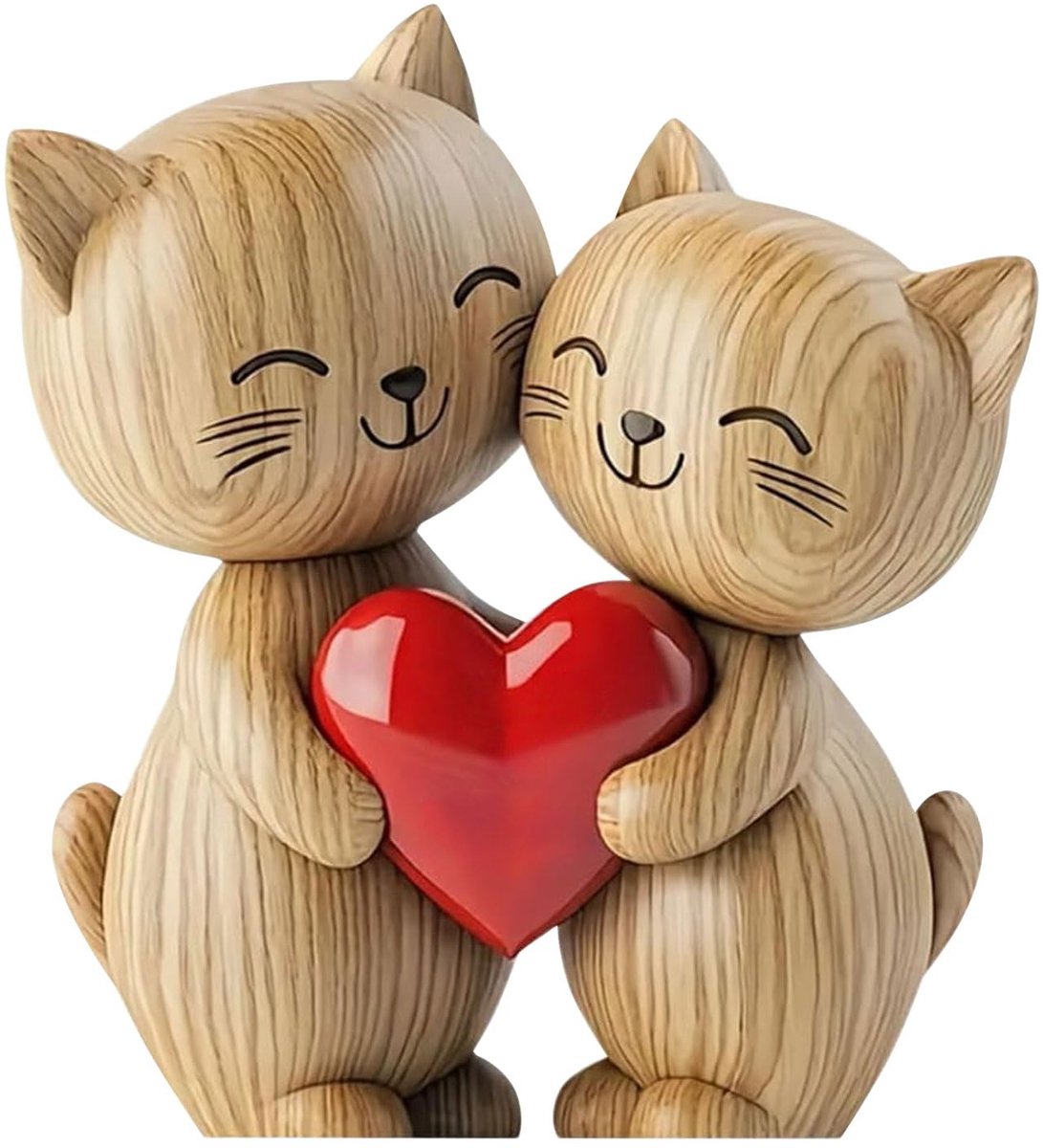 houten sculptuur van een kattenpaar – 2D platte bureaudecoratie met gedeeld hart, katten ornament, decoratie voor thuis en kantoor, uniek cadeau voor kattenliefhebbers