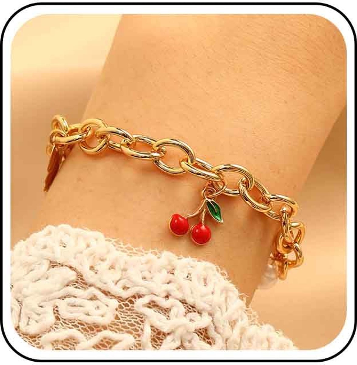 schattige kersenarmband rode kersen hanger armband goud chunky link ketting armbanden blad parel handketting schattige vruchtarmbanden kookbrand pols sieraden voor vrouwen