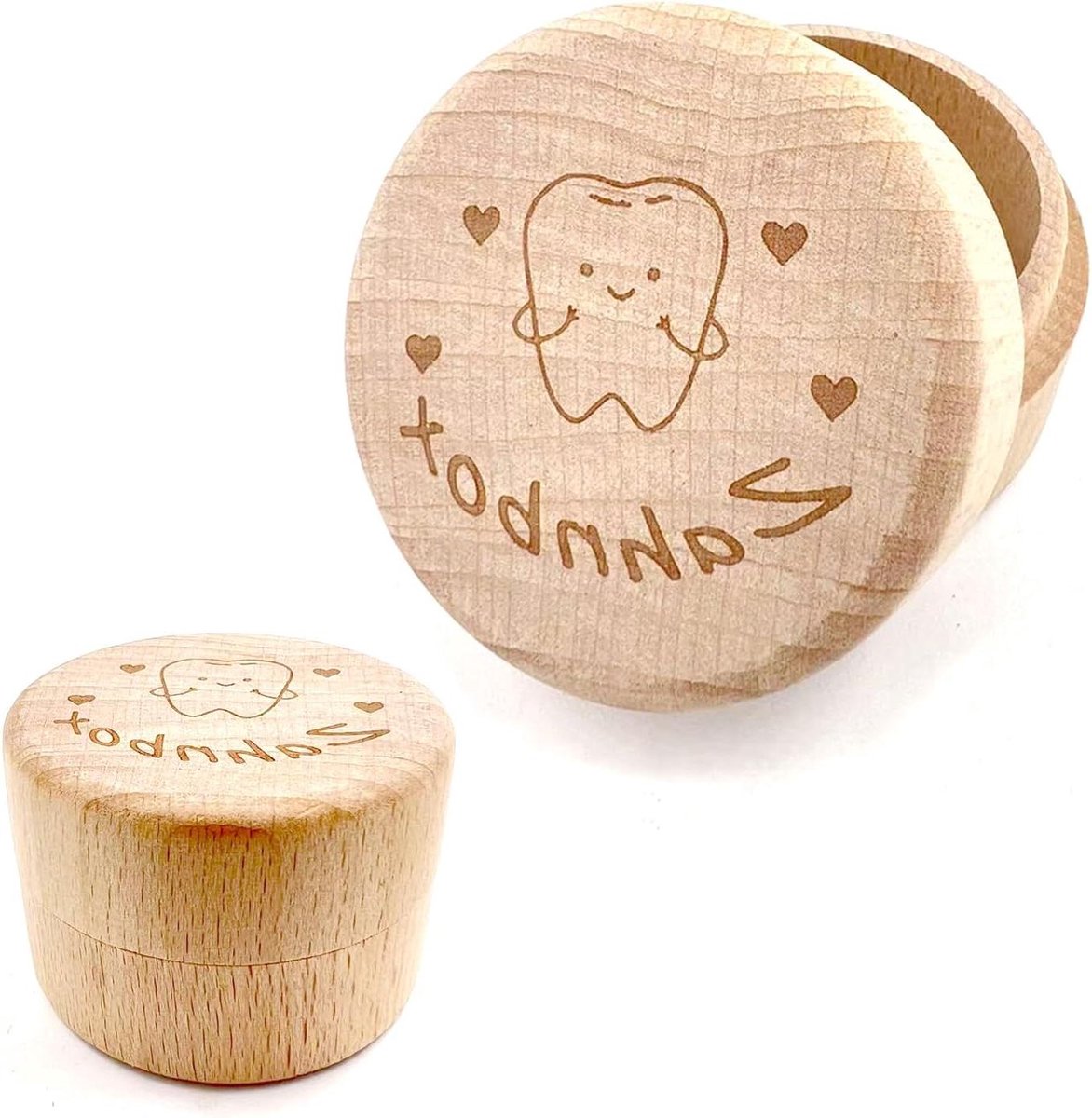 Melktandendoos - Tandendoosje Hout - Herinneringen Bewaren - Cartoon Opdruk - 5 x 5 x 3.5 cm - Houtkleur