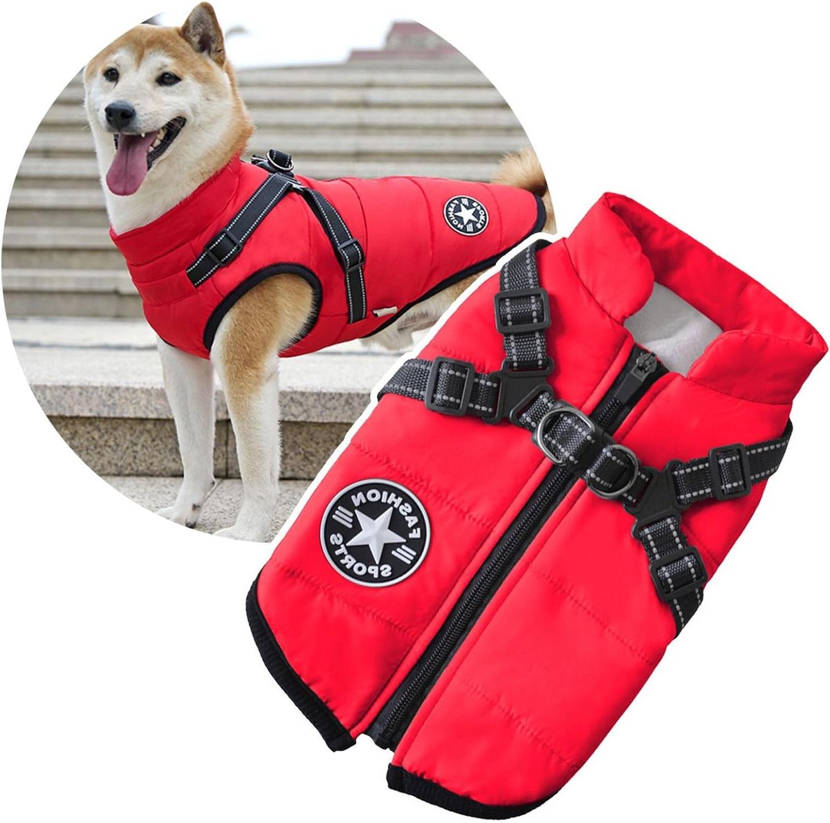 Hondenjas met tuig - Buitenjas hond - Winterse wandelingen - Geïntegreerd harnas - XL - Rood