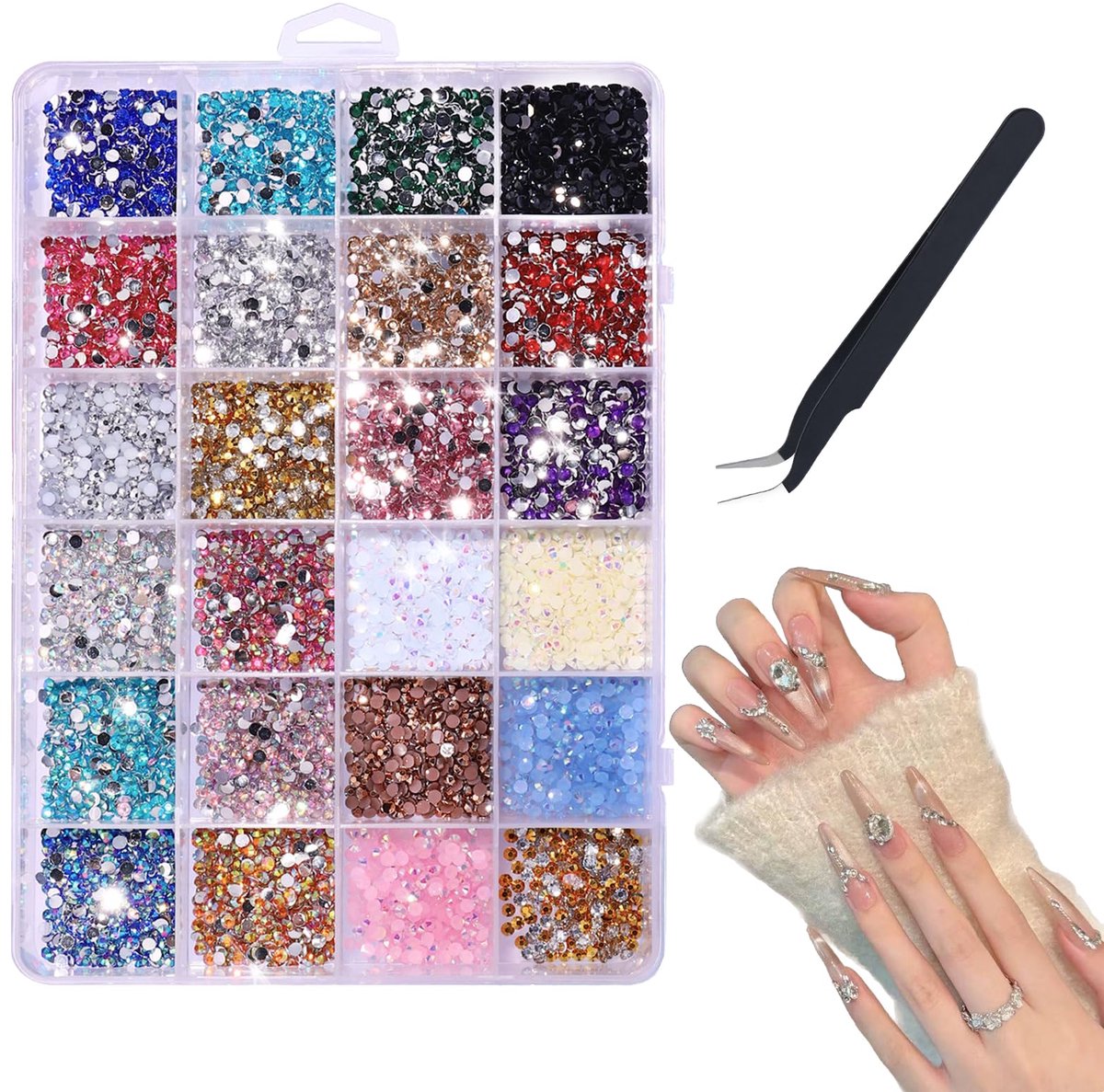 Strass-steentjes voor nagels, 24 kleuren platte strass-steentjes, hars glitter-steentjes, 3 mm ronde jelly glitter-steentjes met pincetten, bedazzler-kit voor DIY nagels, handwerk