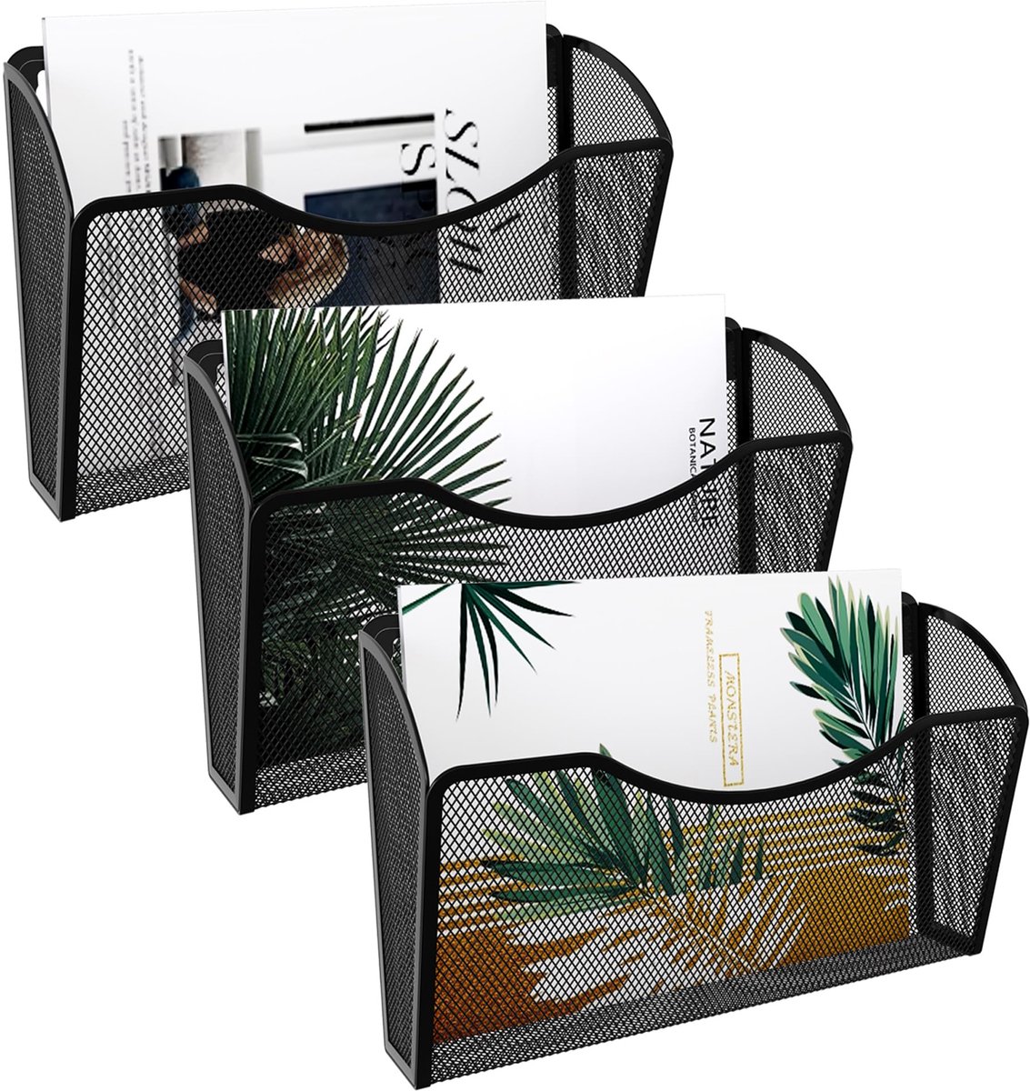 3 Pocket Wall File Houder, Mesh Opknoping File Organizer, Verticaal Muur Gemonteerd Document Rack voor Papers Mappen Bestanden Klembord, Zwart