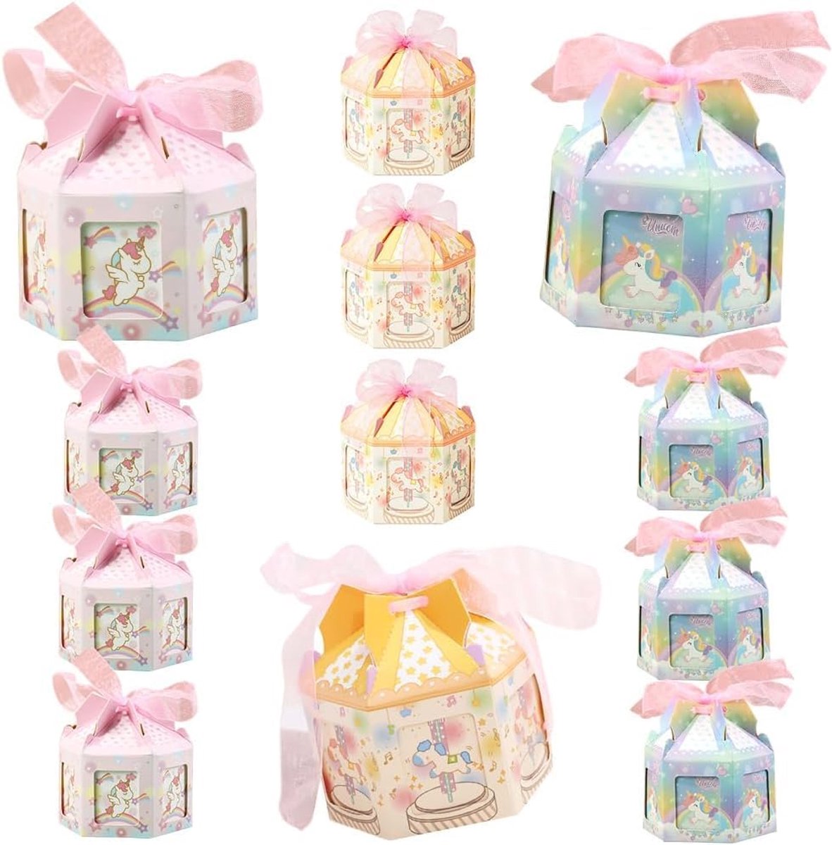 Cadeauverpakkingen, 15 stuks Feestartikelen Regenboog Feest Snoep Thema Verjaardag Eenhoorn Feestartikelen, Kinderverjaardagsfeestartikelen voor Meisjes (Geel Roze Blauw)