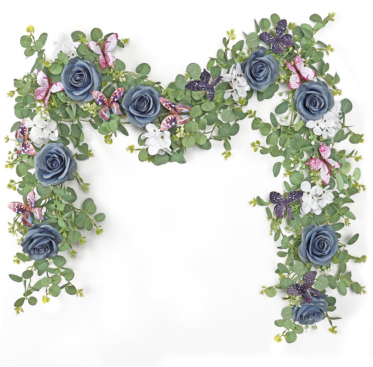 SnelShoppen - 2 Stuks 1.8m Kunstbloemen Guirlande Eucalyptus met 3D Vlinders Vintage Nepbloemen Guirlande Rozen Klimplant Groen Decoratieve Hangplant