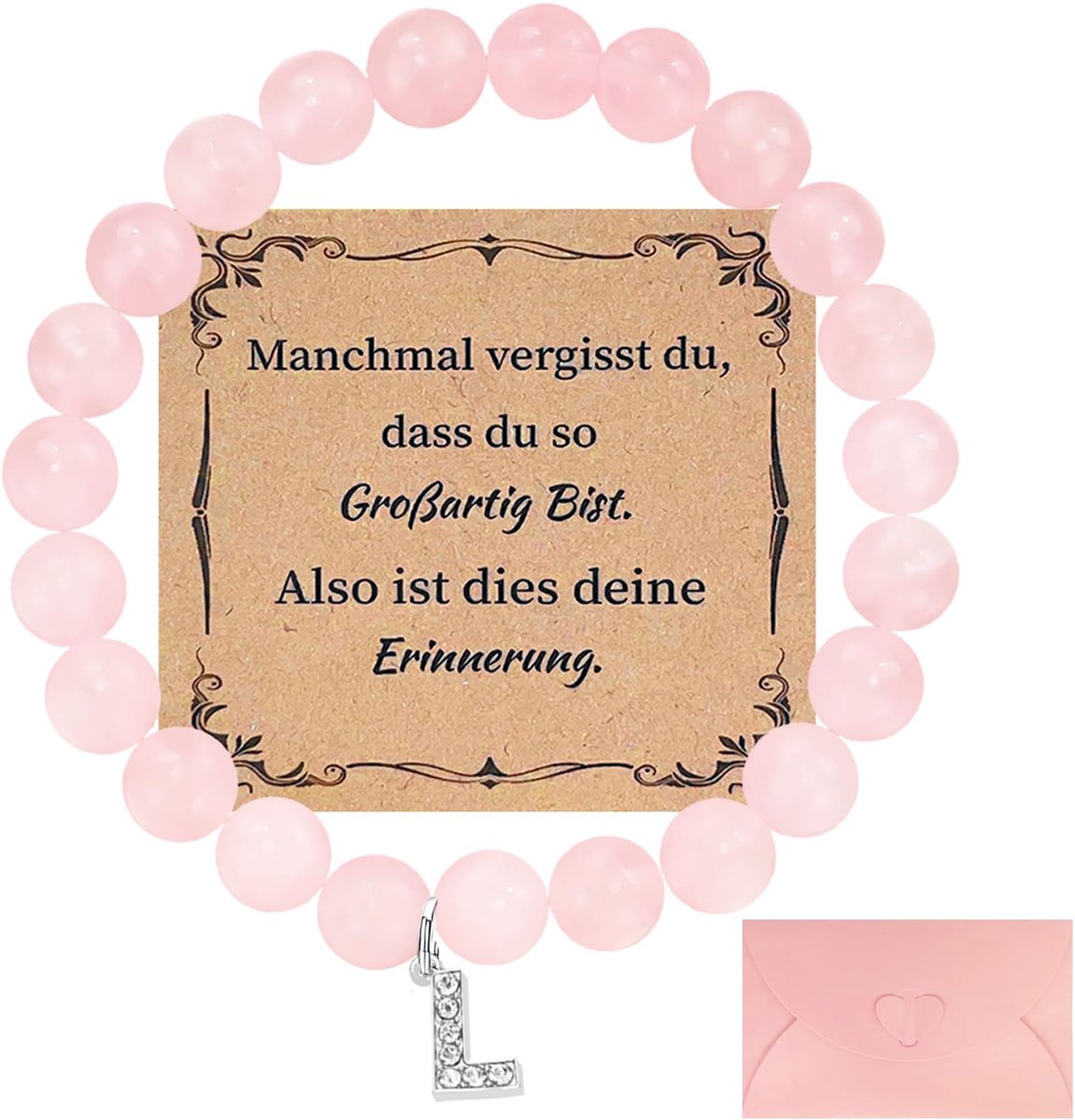 Armband met letters, rozenkwarts, rozenkwarts edelsteenarmband, verjaardagscadeau Kerstmis, armband edelsteen voor moeder, meisje, zus vriendin (L)