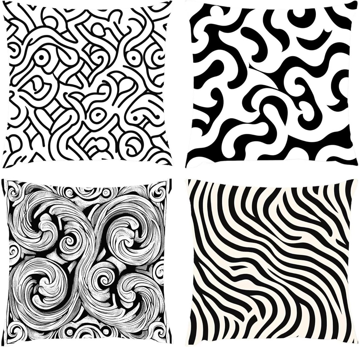Kussen waterdicht kussensloop 50 x 50 cm, set van 4 zwart linnen kussen, decoratieve kussenhoes abstract bankkussen met verborgen, voor bank, slaapkamer, balkon, kinderen, woonkamer, decoratie