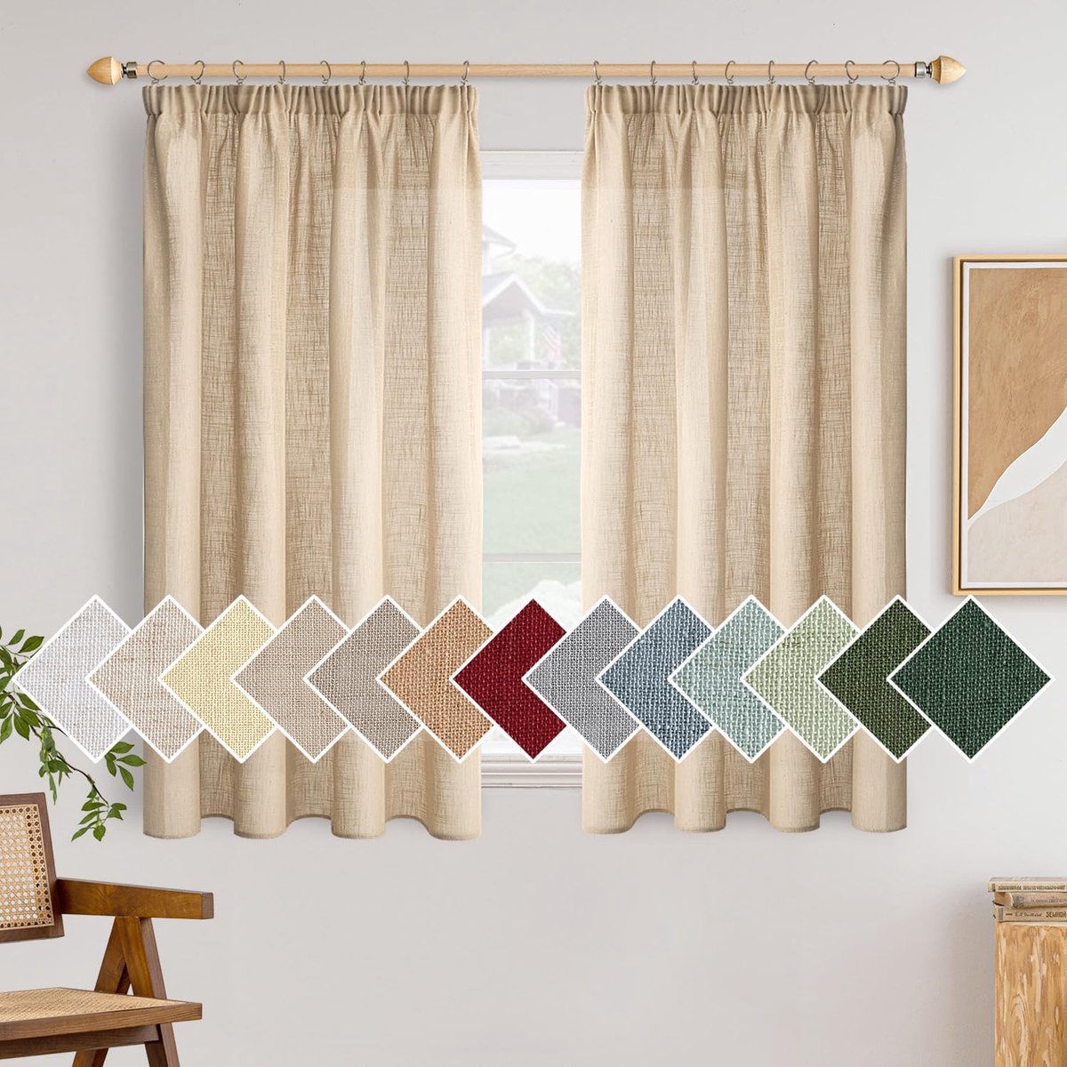 linnen gordijnen met plooiband, moderne transparante decoratieve gordijnen voor woonkamer, raam en slaapkamer, set van 2, 140x175cm, beige