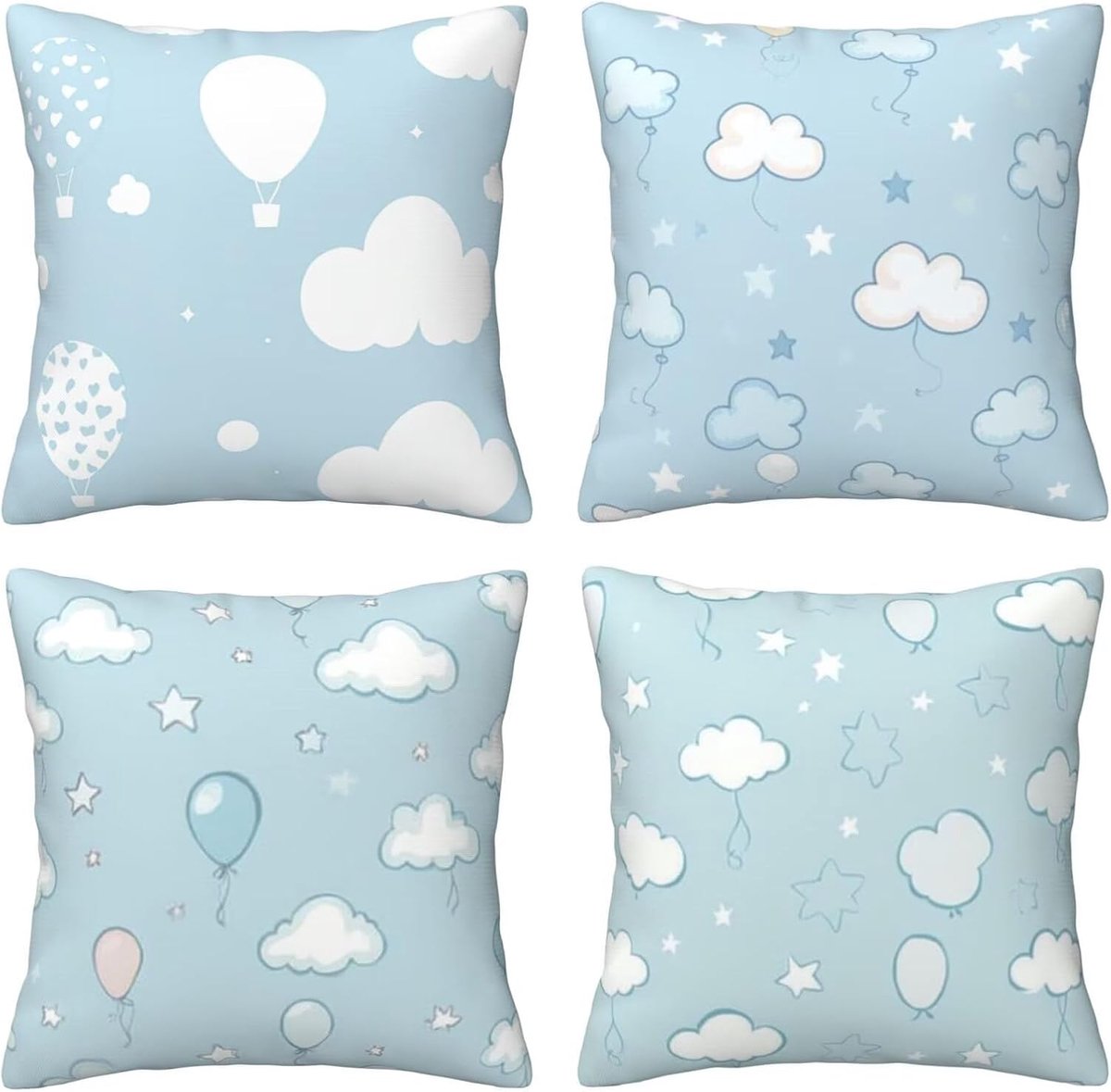 Kussenhoezen voor bank, 65 x 65 cm, set van 4, fluwelen met verborgen ritssluiting, wolkenballon, vierkant, voor bank, woonkamer, slaapkamer en stoel, decoratief, I8339