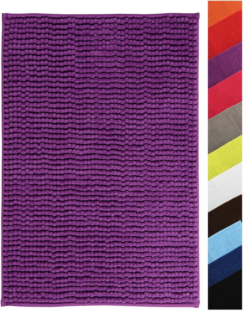 Badmat "Chenille" met lange borstelharen, zachte microvezel, antislip, 60 x 90 cm, violet