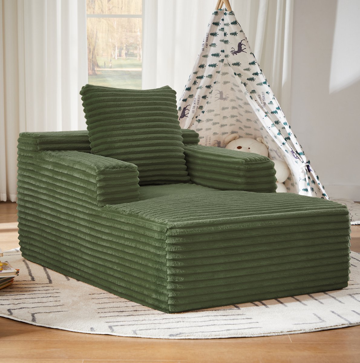 FloraGrace Chaise Longue – 1-Zits Relaxstoel & Slaapsofa – Zonder Montage, Met Comfortabele Vulling – Voor Woonkamer Of Kantoor – Ribstof – Groen